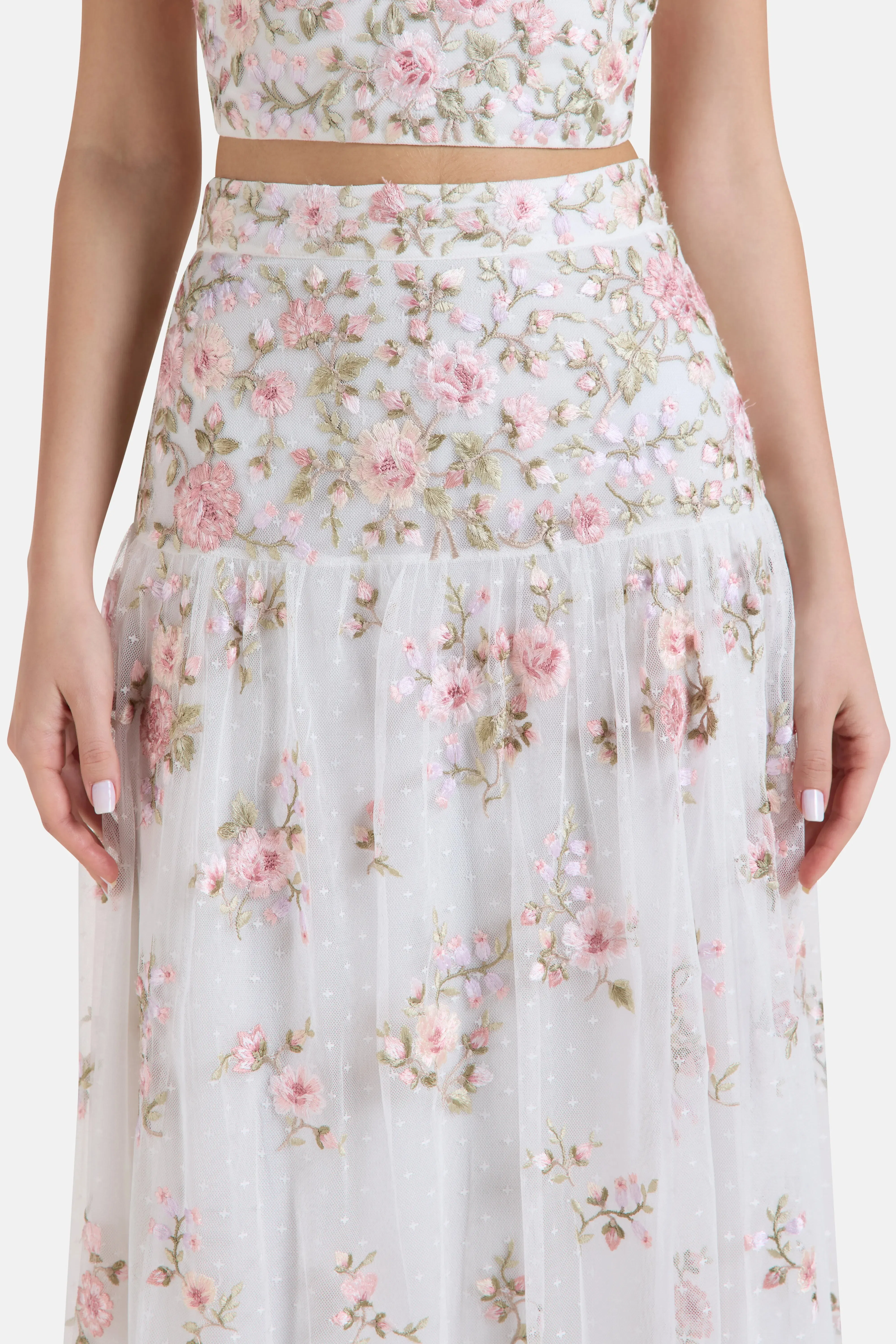 Needle & Thread Eden Rose Floral Midi Skirt in White
