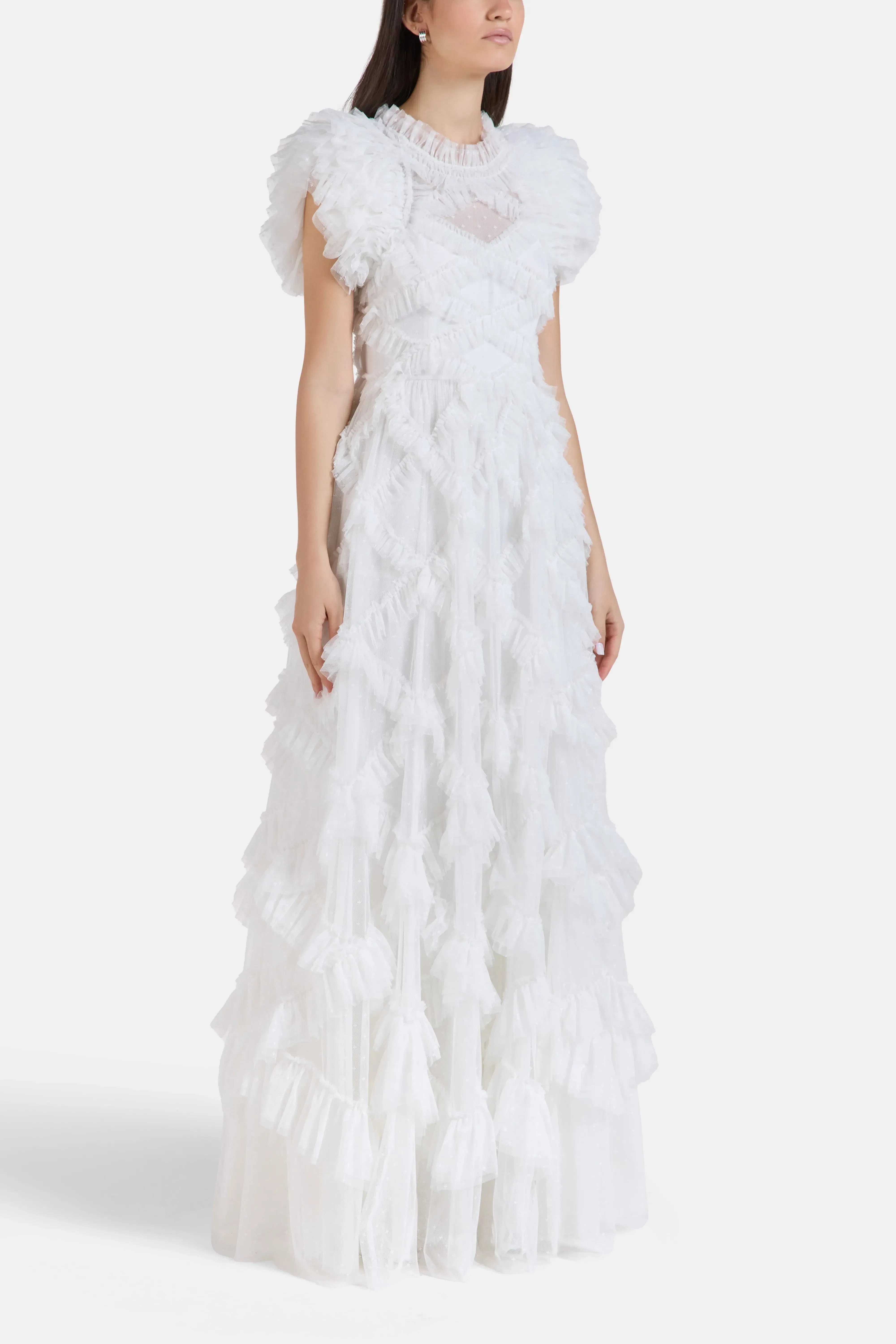 Needle & Thread Genevieve Ruffles Evening Dress in White