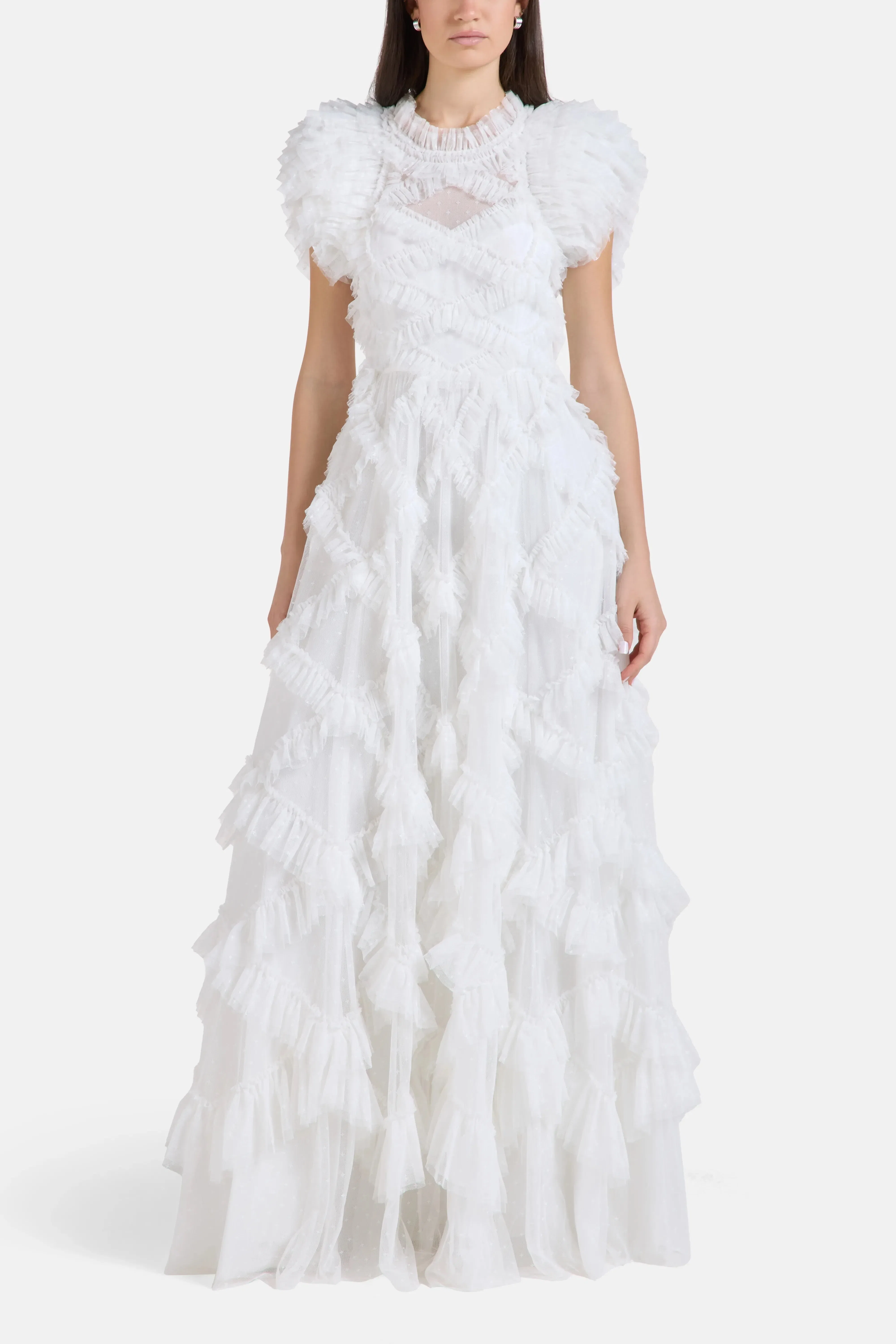 Needle & Thread Genevieve Ruffles Evening Dress in White