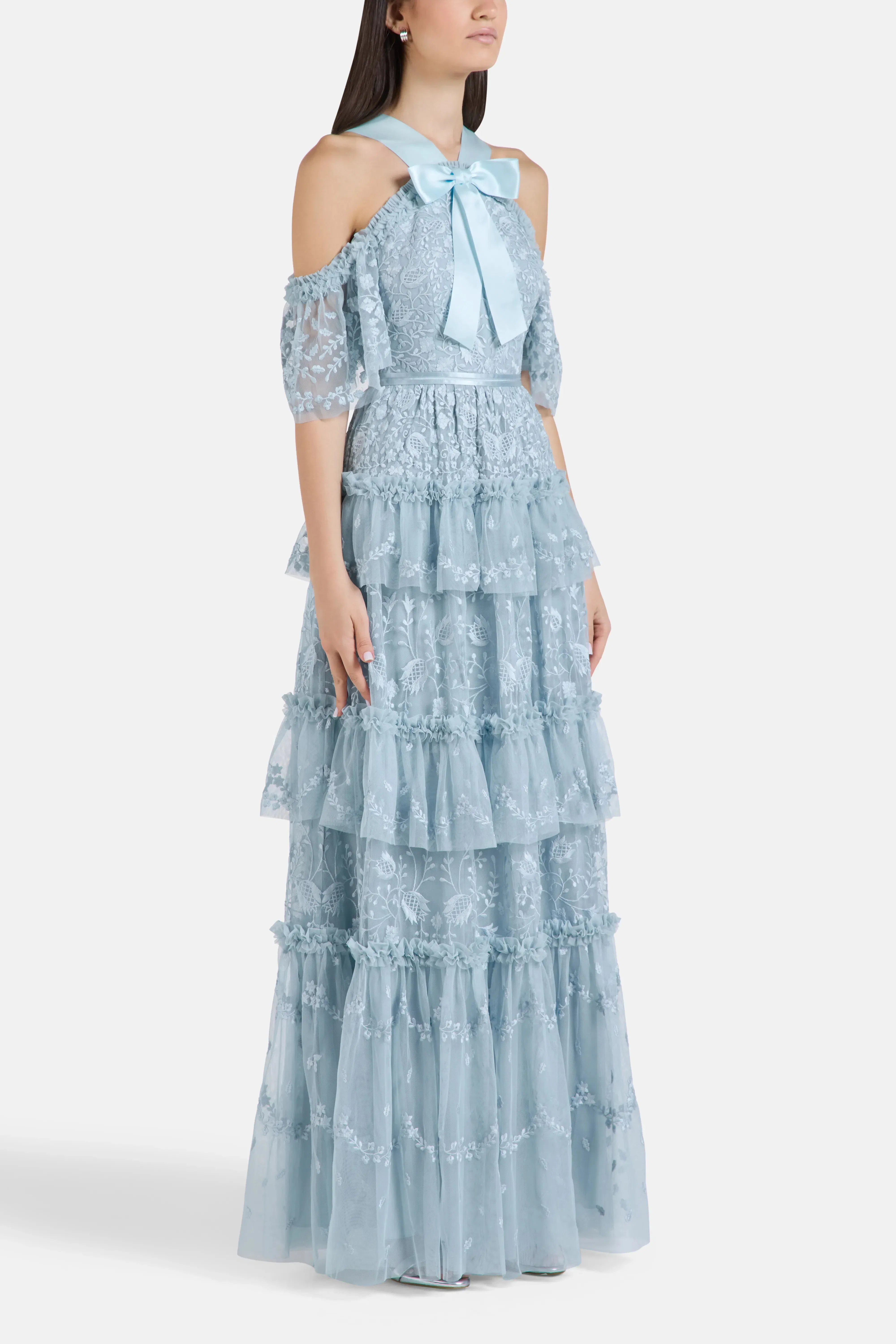 Needle & Thread Primrose Ruffles Floral Evening Dress in Blue