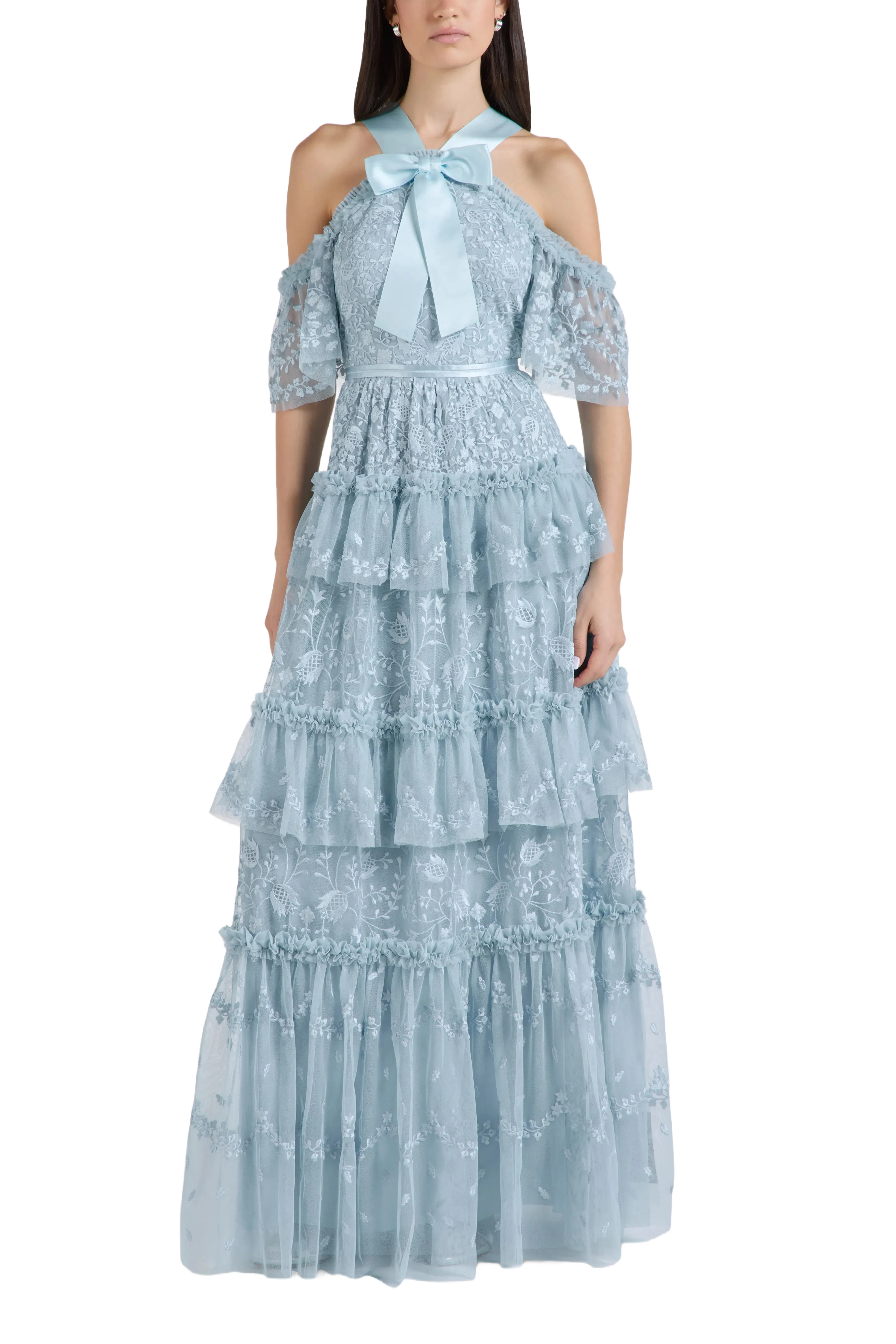 Needle & Thread Primrose Ruffles Floral Evening Dress in Blue