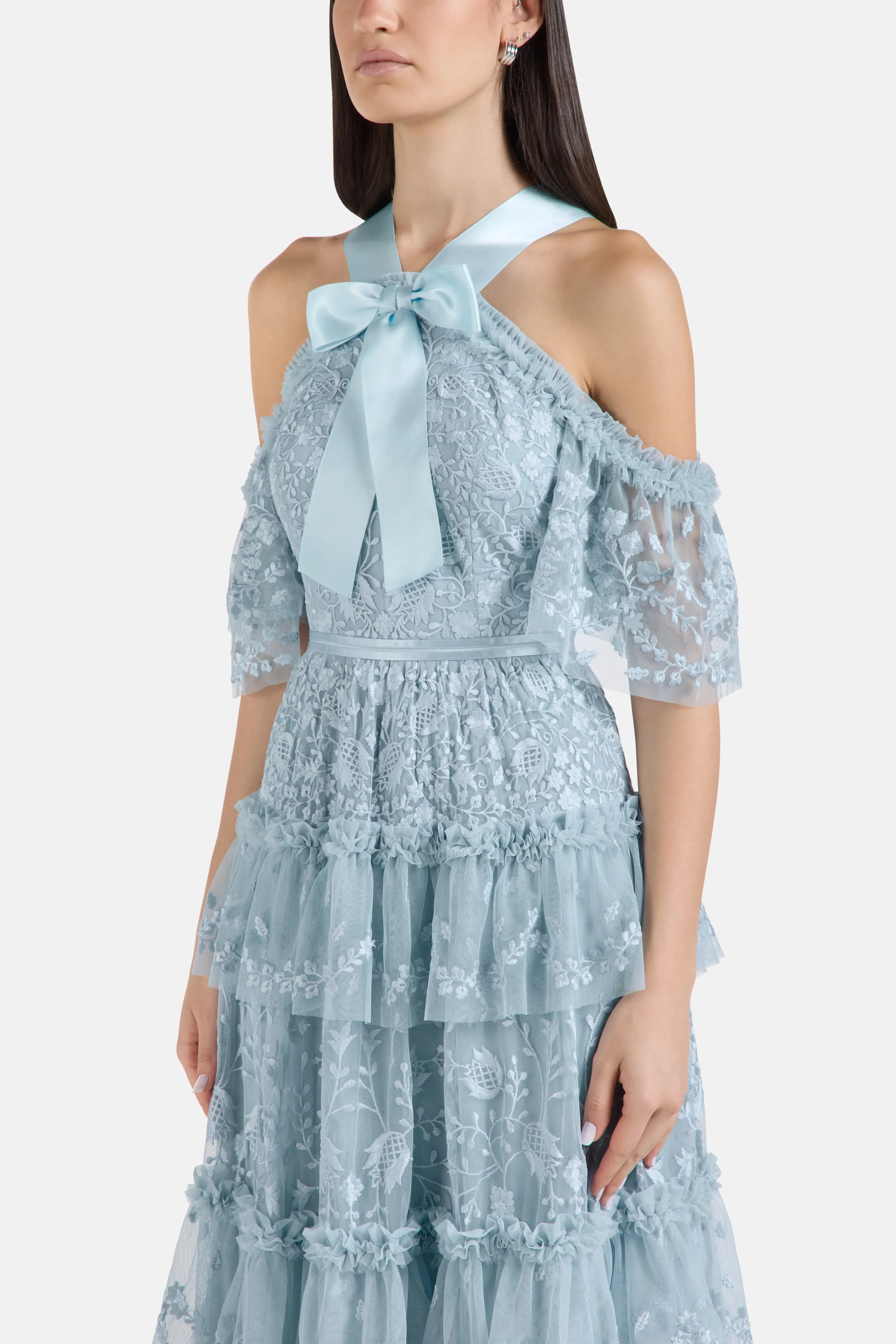 Needle & Thread Primrose Ruffles Floral Evening Dress in Blue