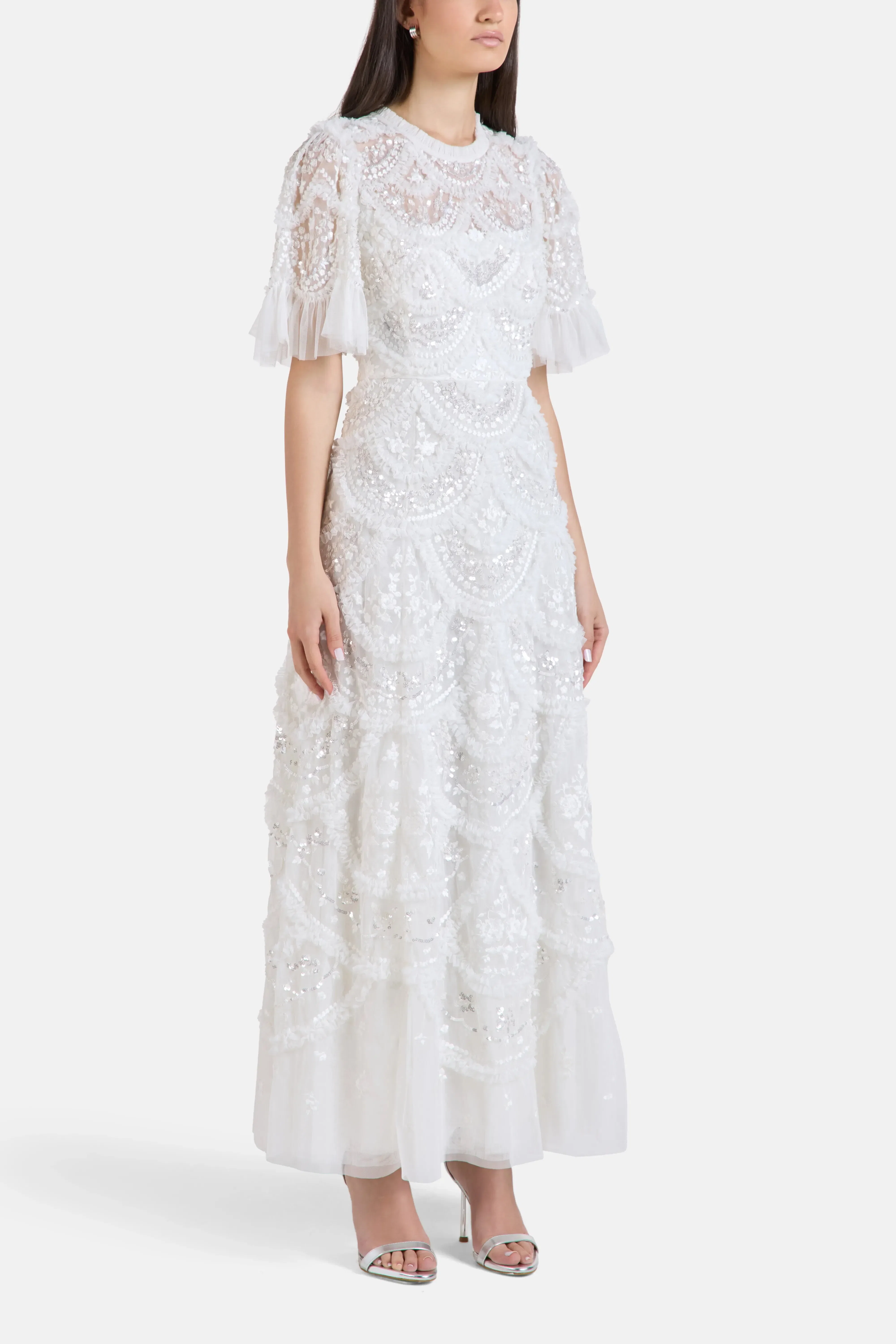 Needle & Thread Carmen Floral Sequins Evening Dress in White