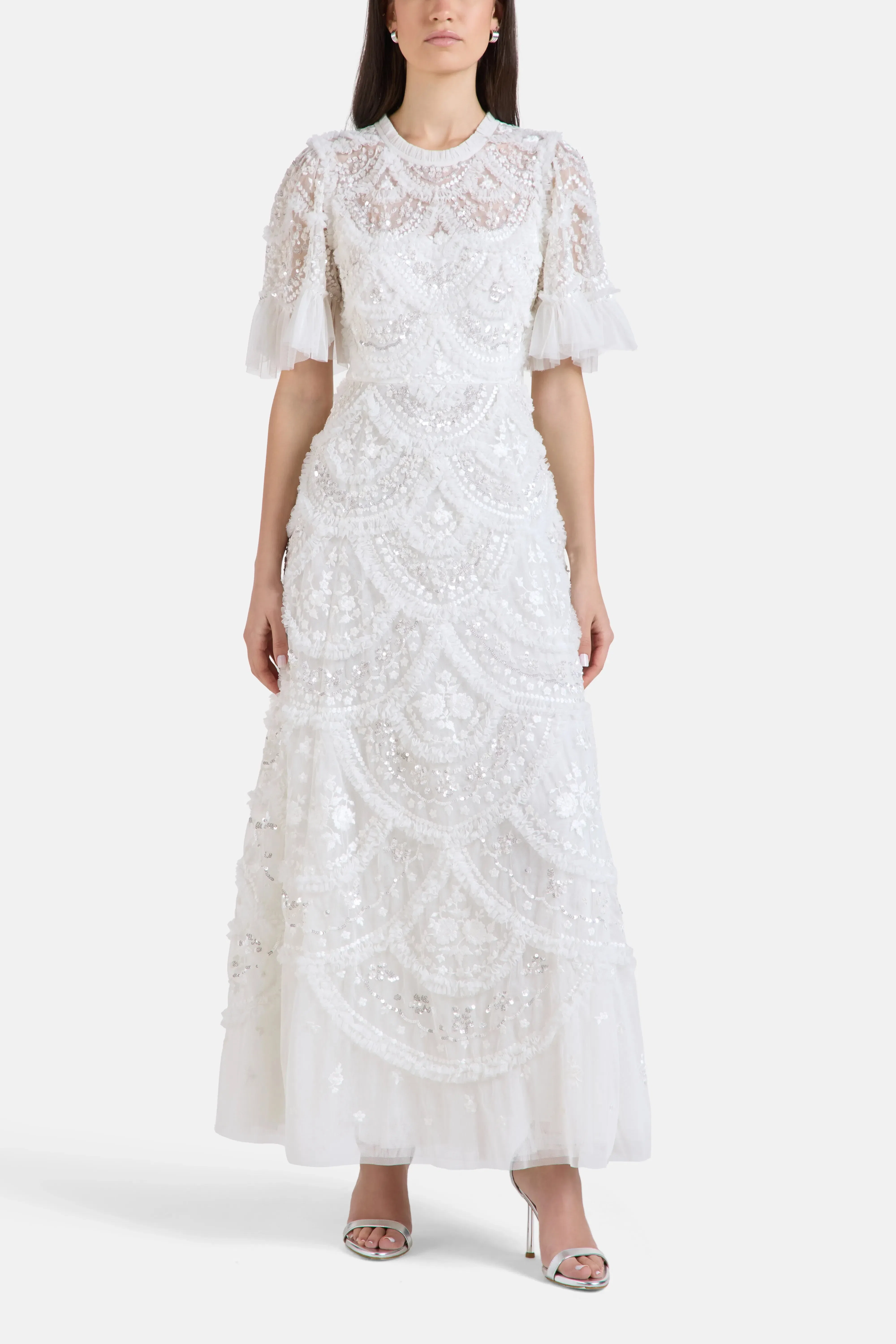 Needle & Thread Carmen Floral Sequins Evening Dress in White