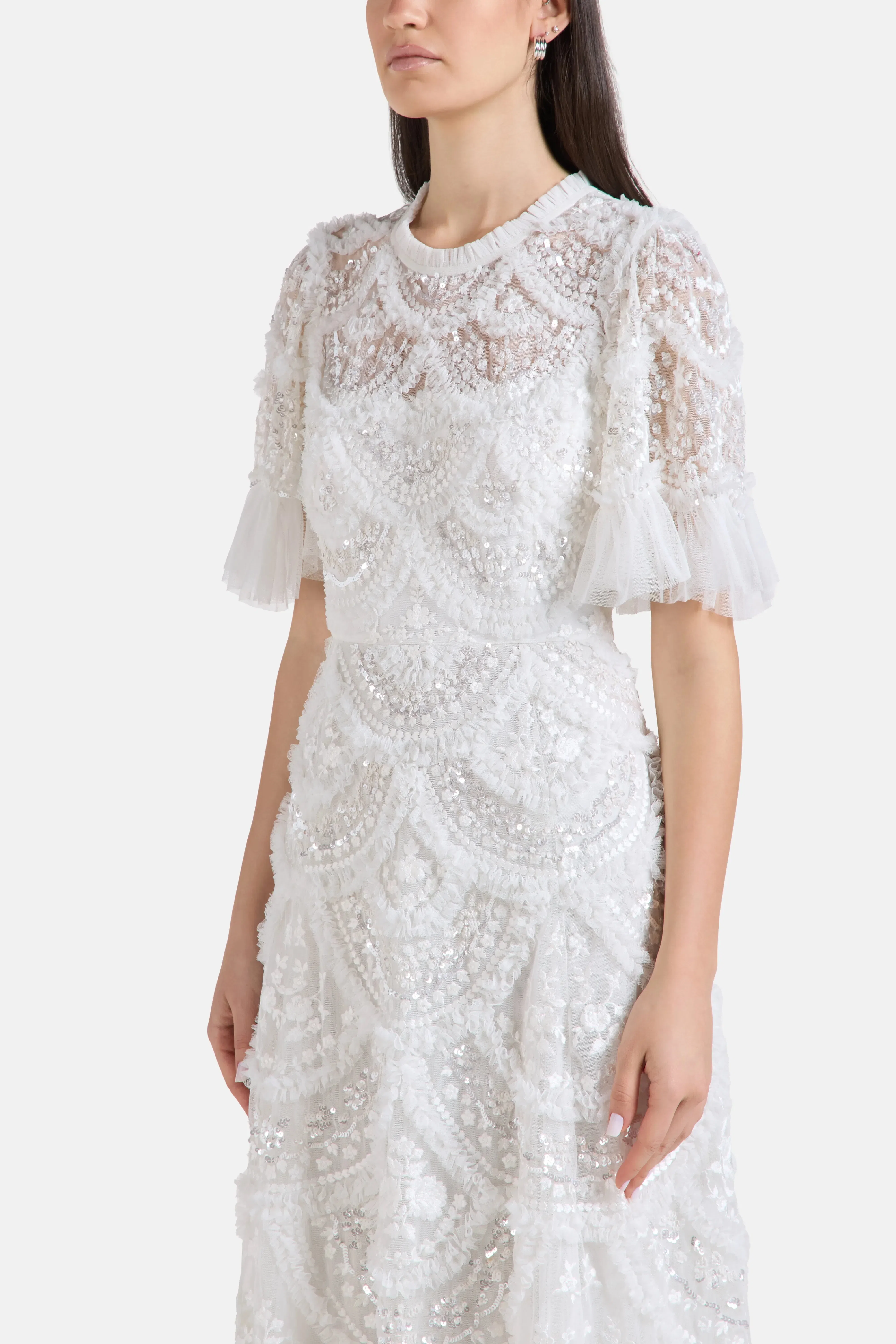 Needle & Thread Carmen Floral Sequins Evening Dress in White