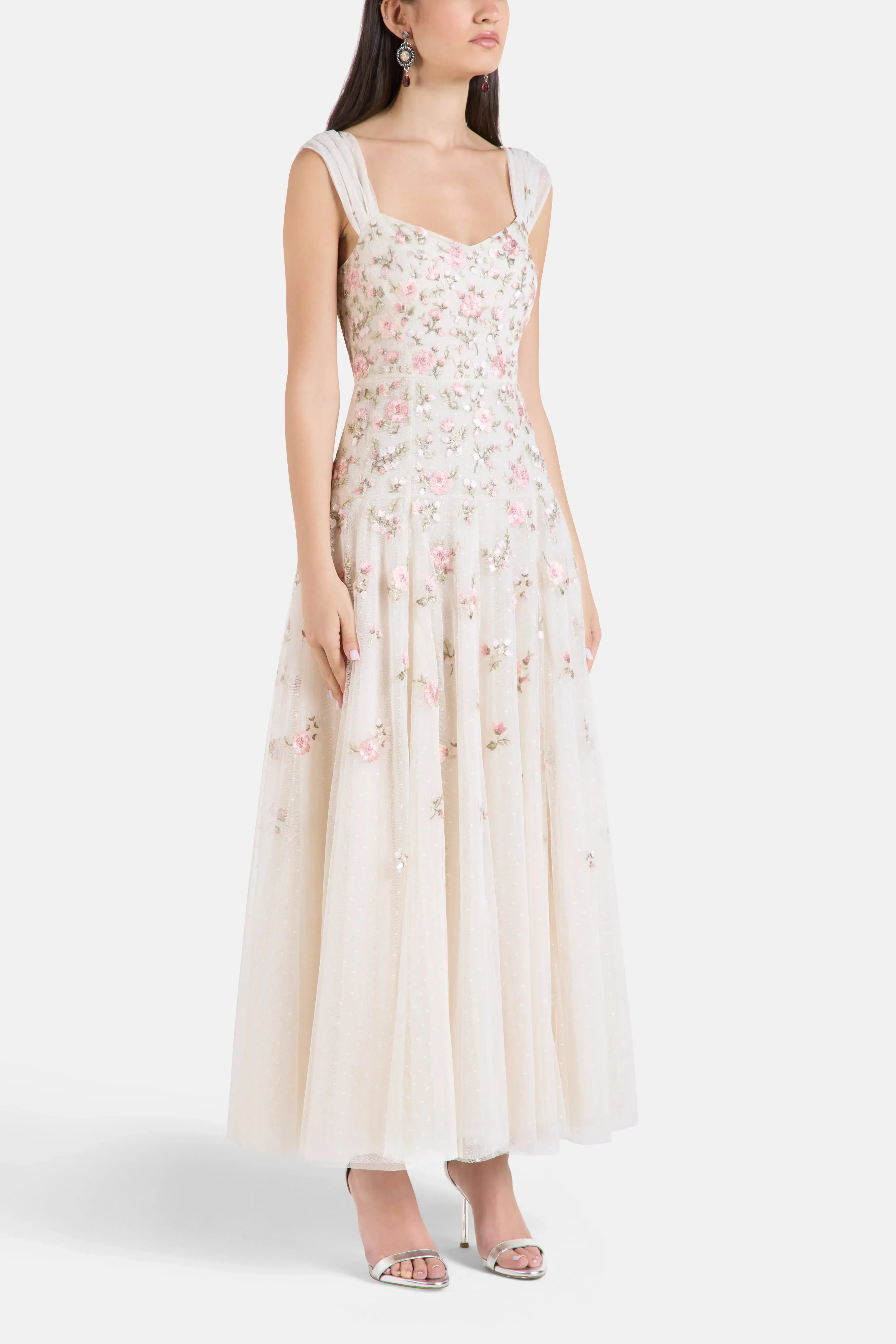 Needle & Thread Mayflower Ditsy Floral Sleeveless Evening Dress in Cream
