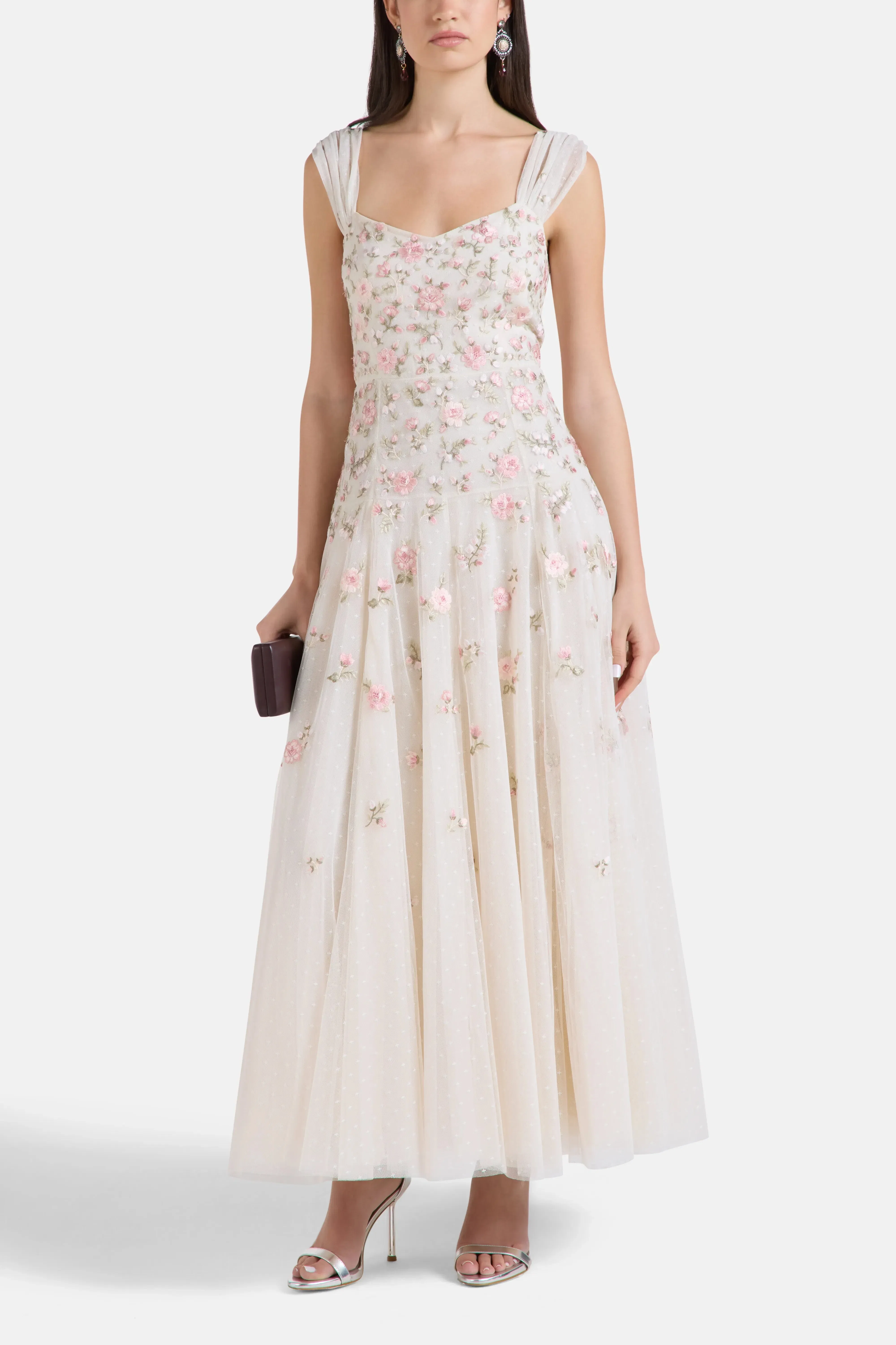 Needle & Thread Mayflower Ditsy Floral Sleeveless Evening Dress in Cream