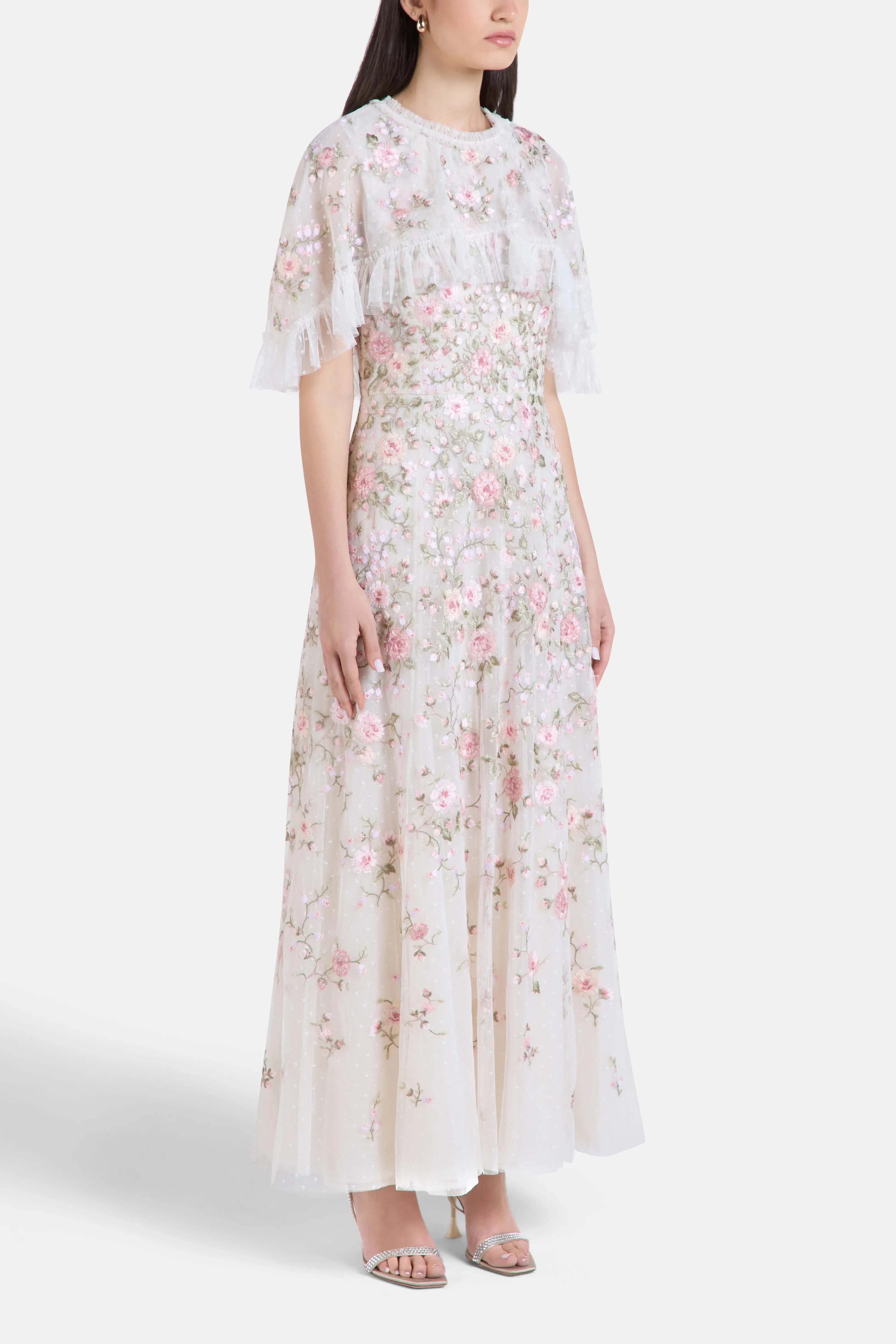 Needle & Thread Eden Rose Floral Evening Dress in Cream
