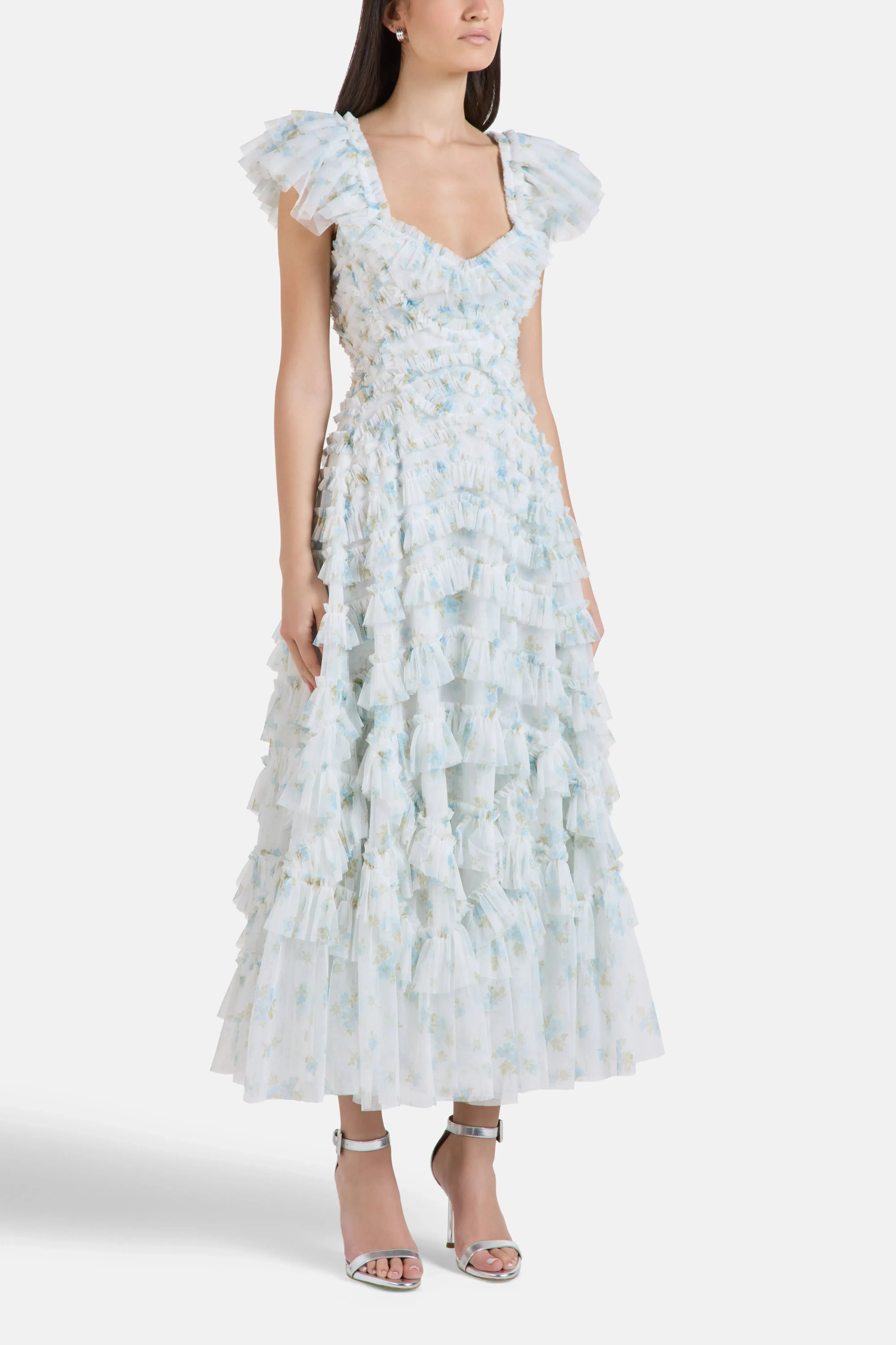 Needle & Thread Magnolia Ditsy Lola Ballerina Floral Ruffles Evening Dress in Blue