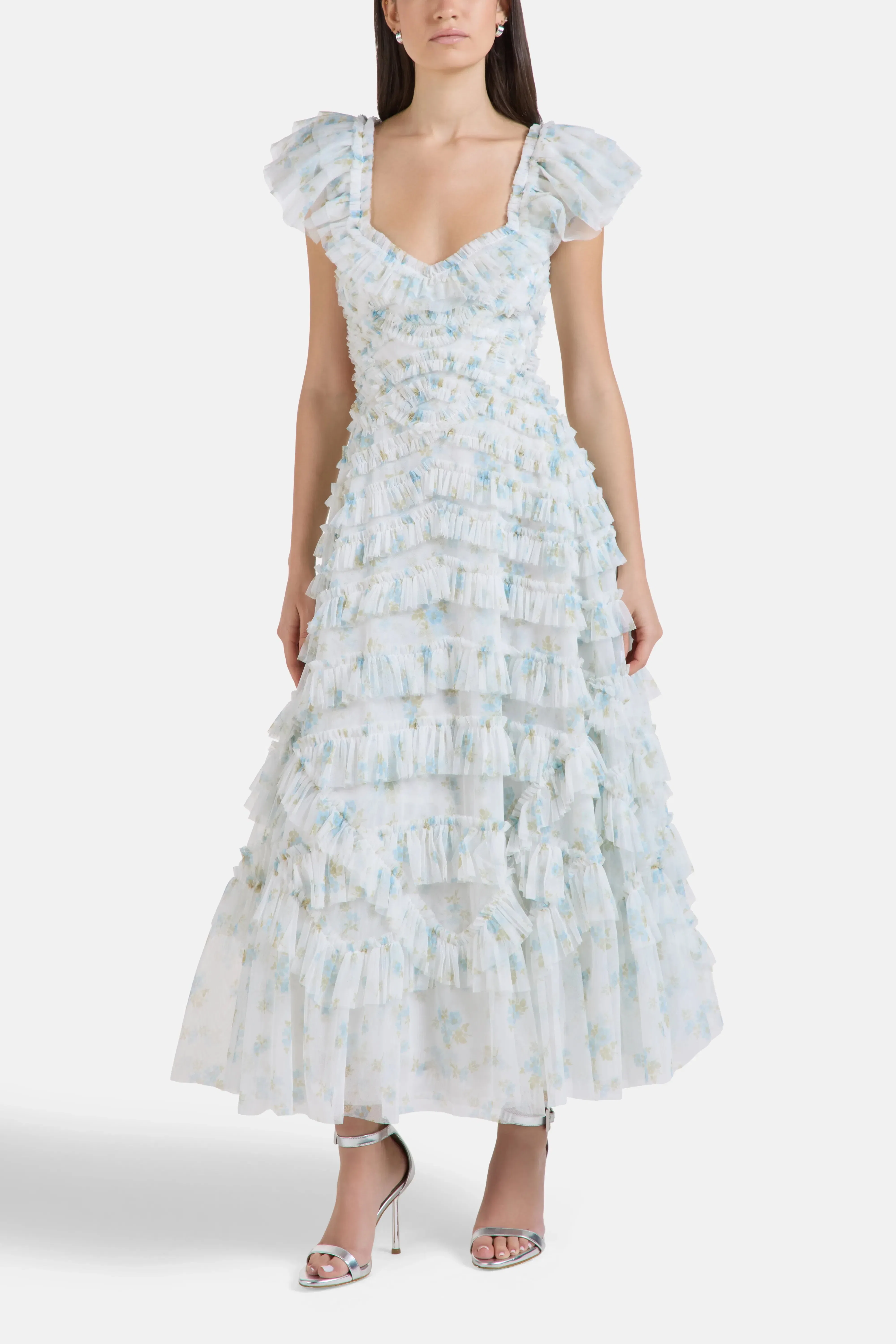 Needle & Thread Magnolia Ditsy Lola Ballerina Floral Ruffles Evening Dress in Blue