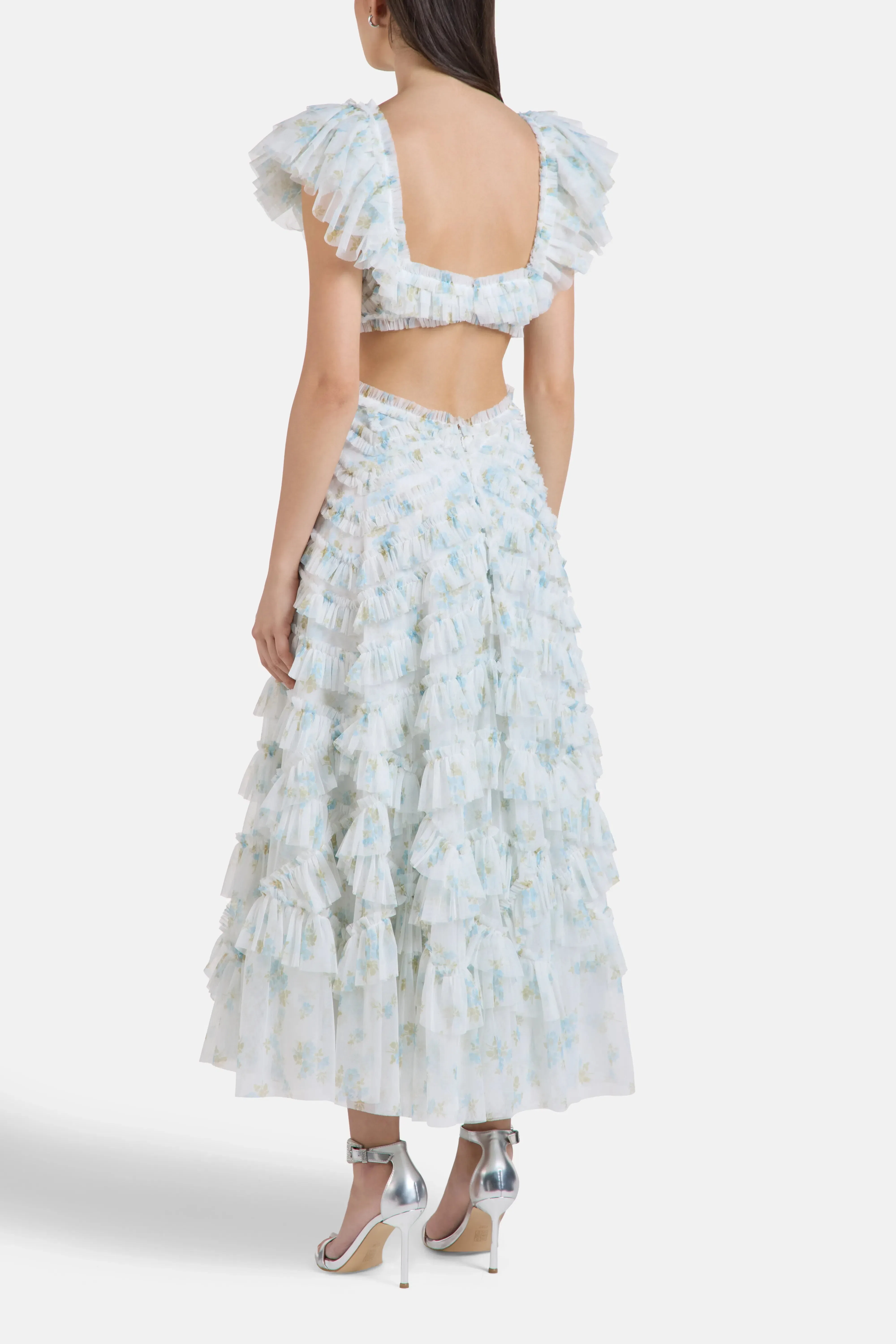 Needle & Thread Magnolia Ditsy Lola Ballerina Floral Ruffles Evening Dress in Blue