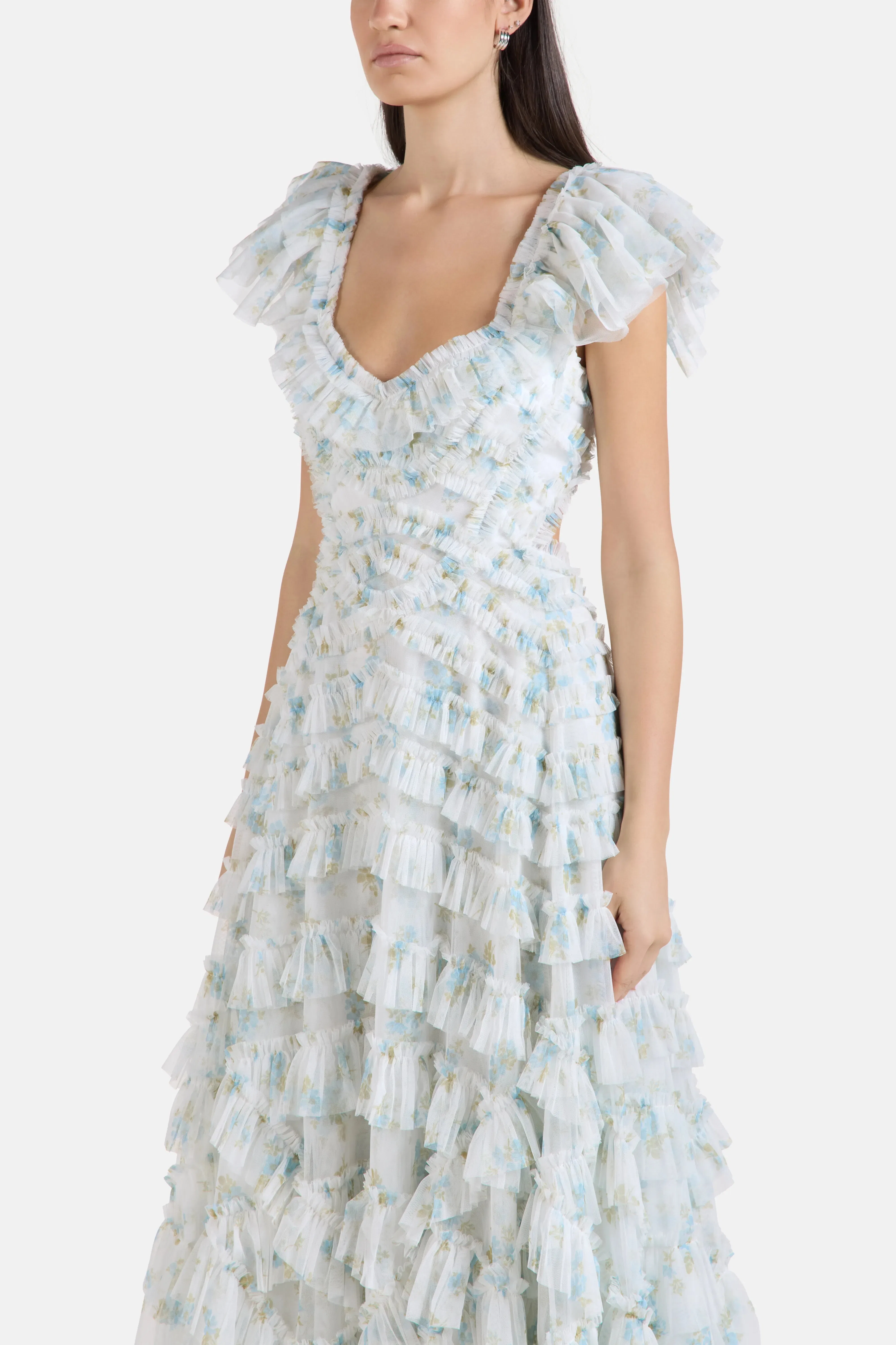 Needle & Thread Magnolia Ditsy Lola Ballerina Floral Ruffles Evening Dress in Blue
