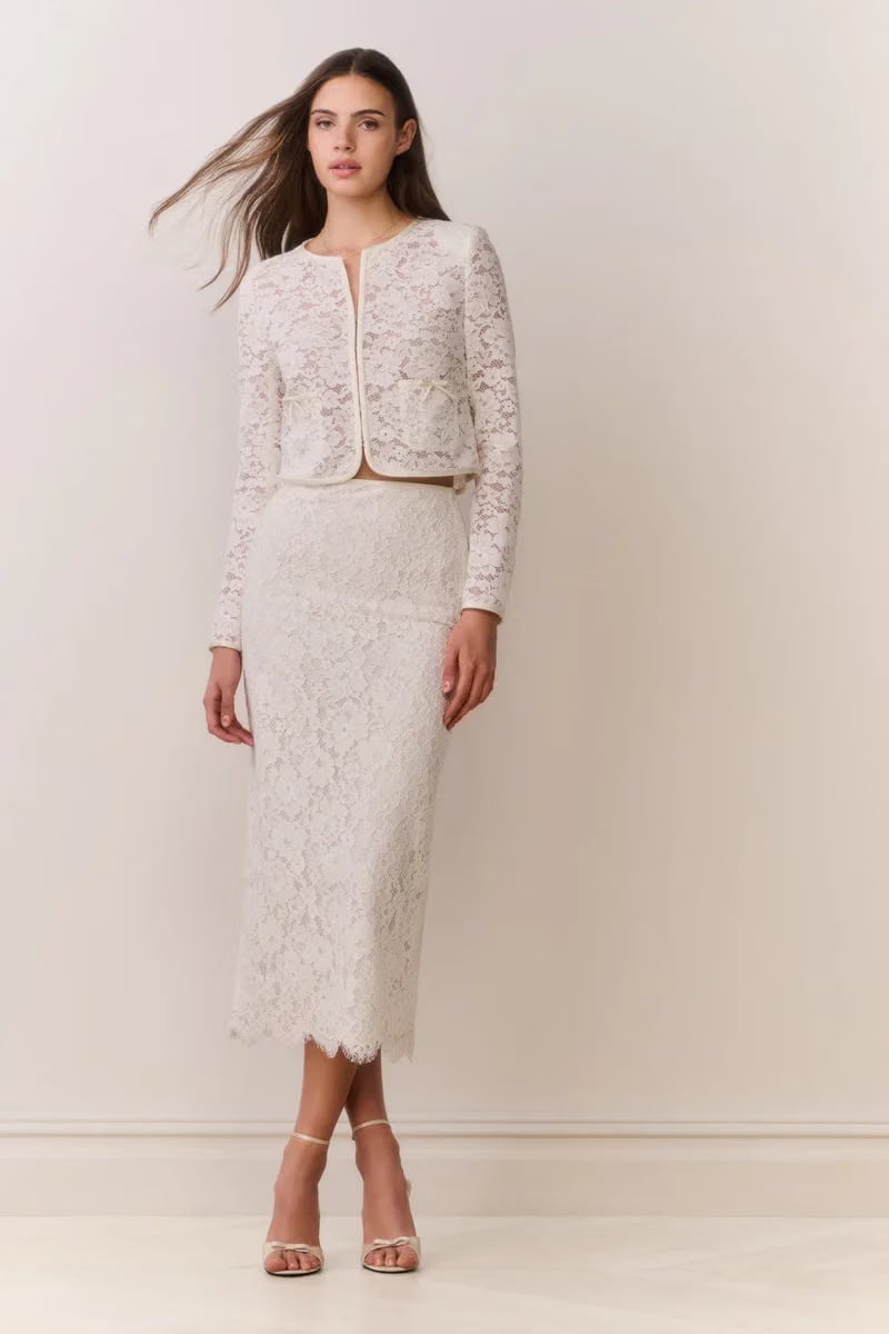 LoveShackFancy Ilse Cotton Lace Pencil Midi Skirt in Cream