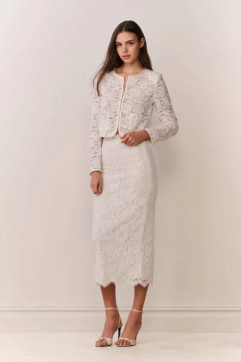 LoveShackFancy Ilse Cotton Lace Pencil Midi Skirt in Cream