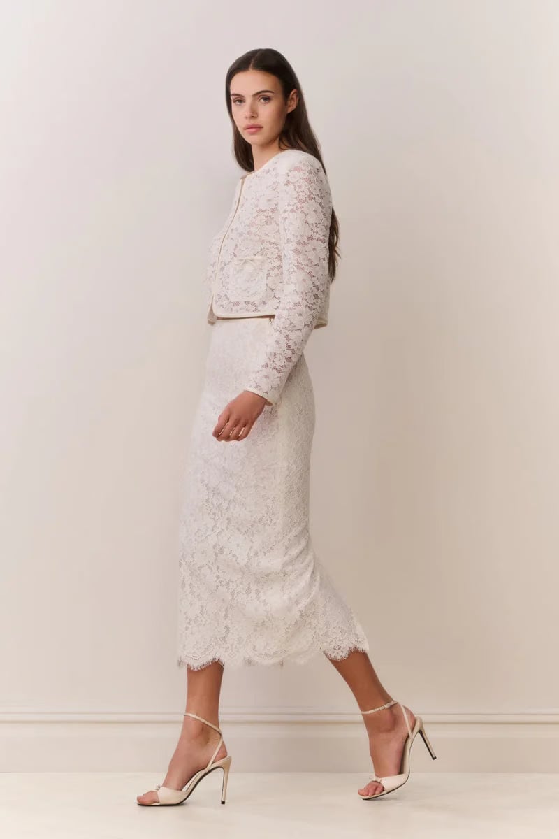 LoveShackFancy Ilse Cotton Lace Pencil Midi Skirt in Cream