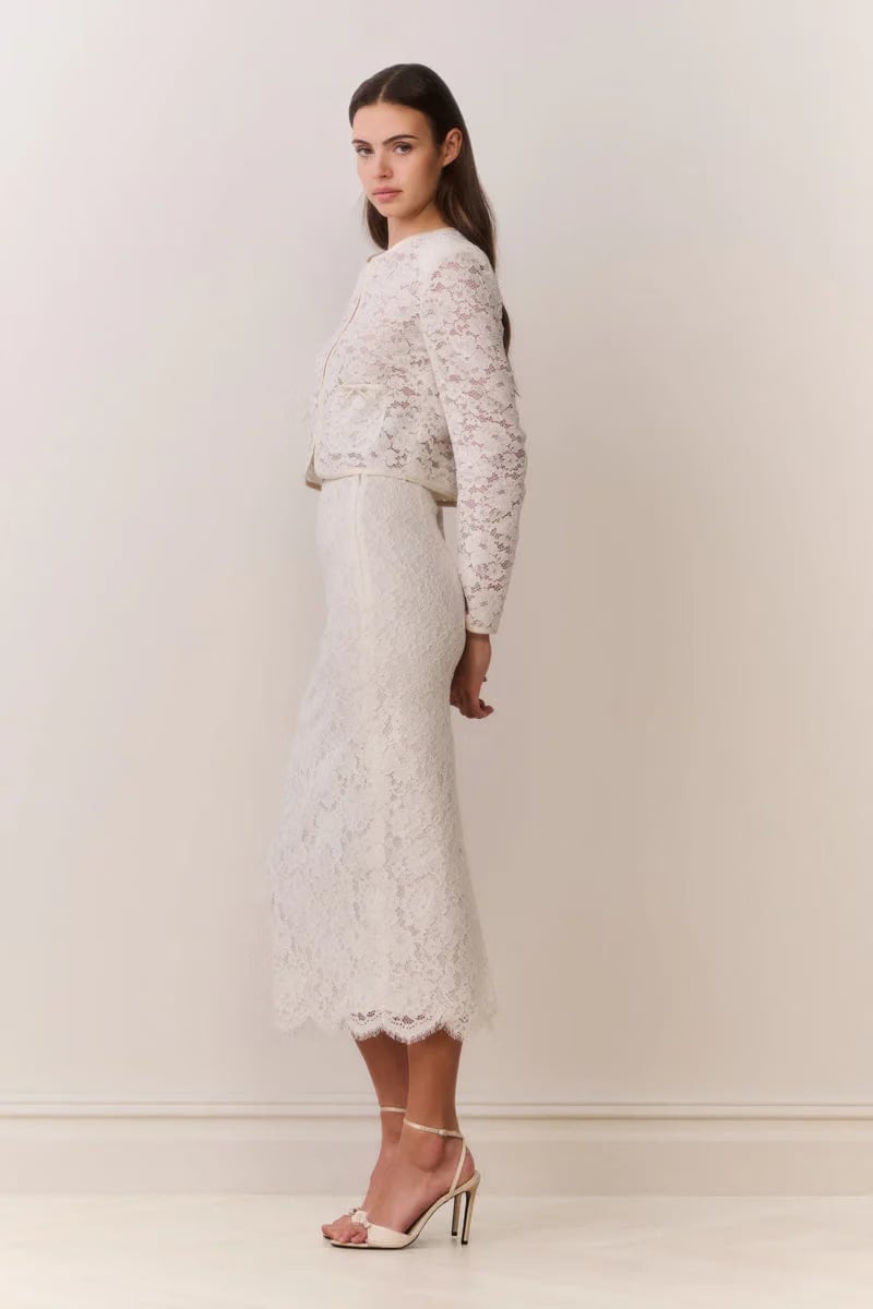 LoveShackFancy Ilse Cotton Lace Pencil Midi Skirt in Cream