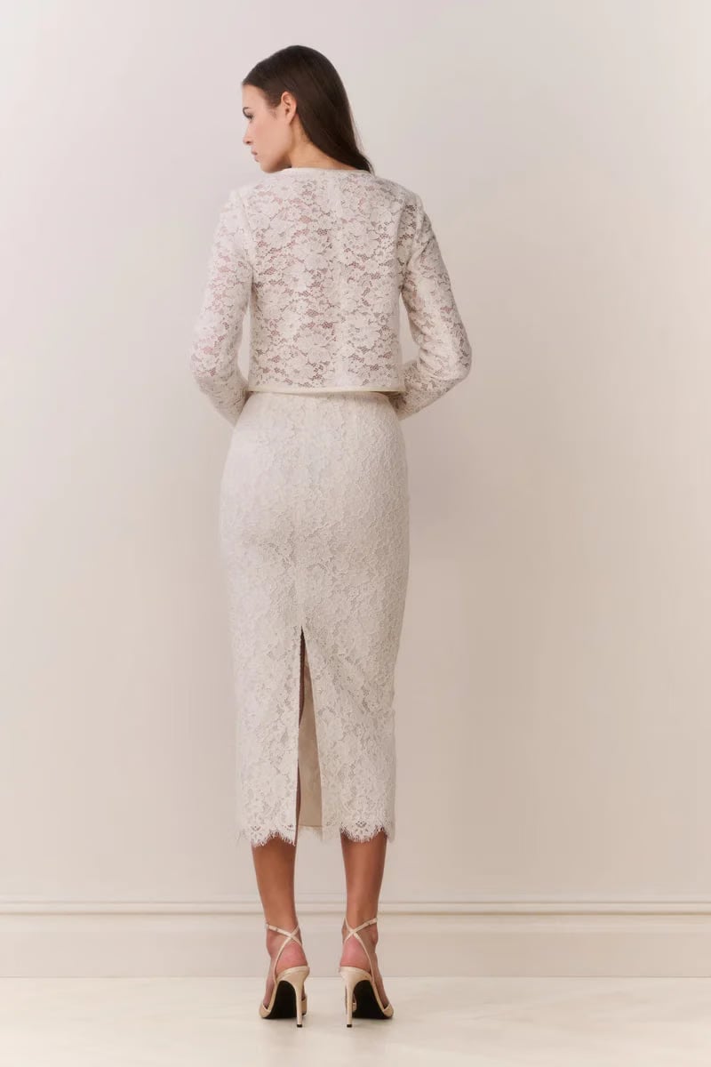LoveShackFancy Ilse Cotton Lace Pencil Midi Skirt in Cream