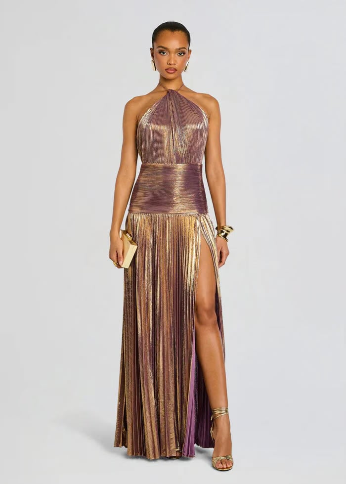 Retrofete Thalia Halter Neck Evening Dress in Gold