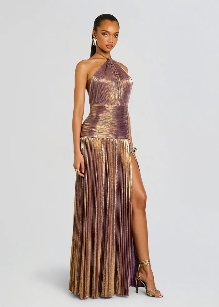 Retrofete Thalia Halter Neck Evening Dress in Gold