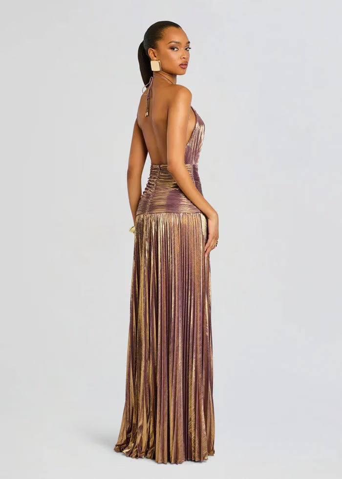 Retrofete Thalia Halter Neck Evening Dress in Gold