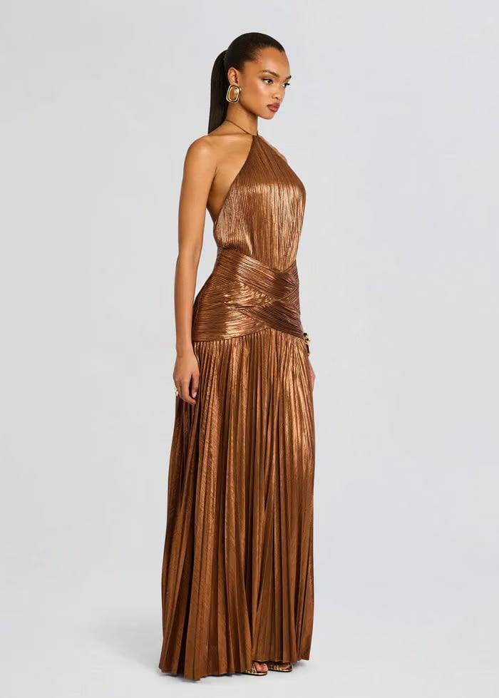 Retrofete Amberley Halter Neck Evening Dress in Brown