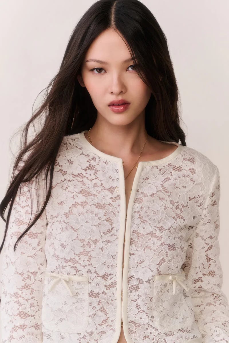 LoveShackFancy Junetta Cropped Cotton Lace Jacket in Cream