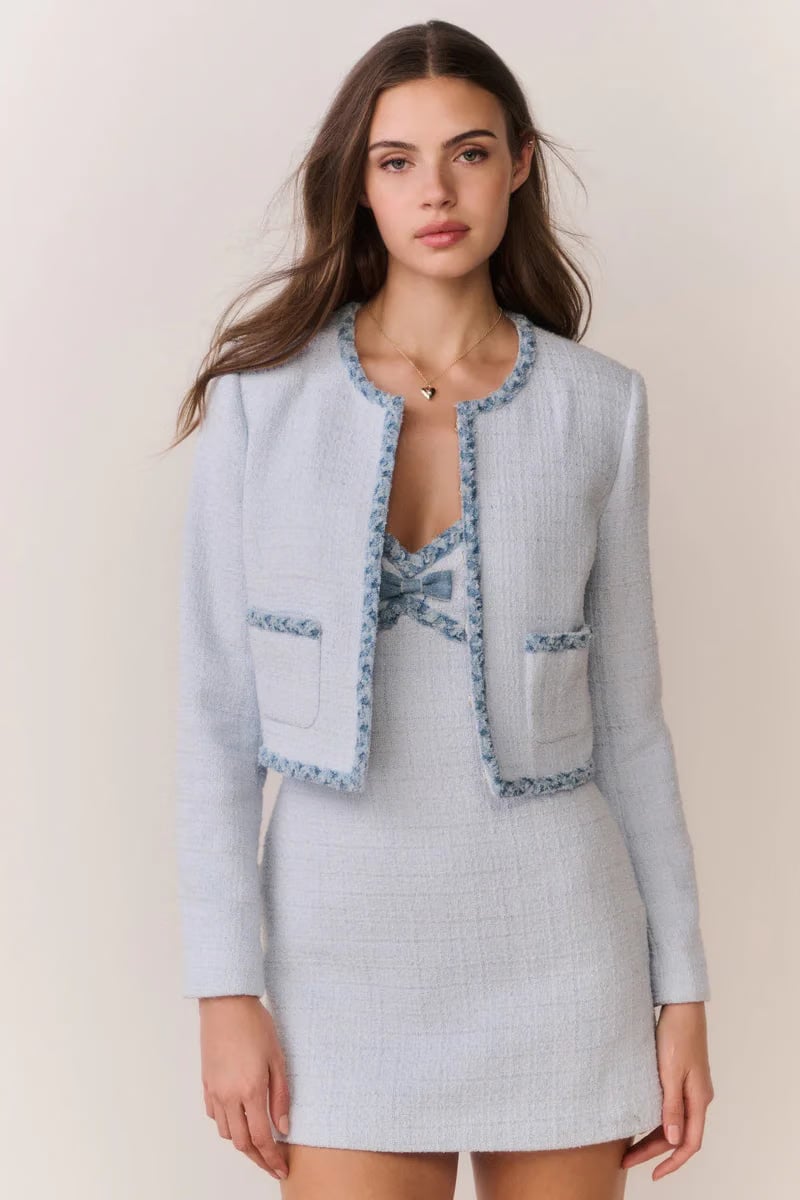 LoveShackFancy Azula Denim Trimmed Tweed Jacket in Blue