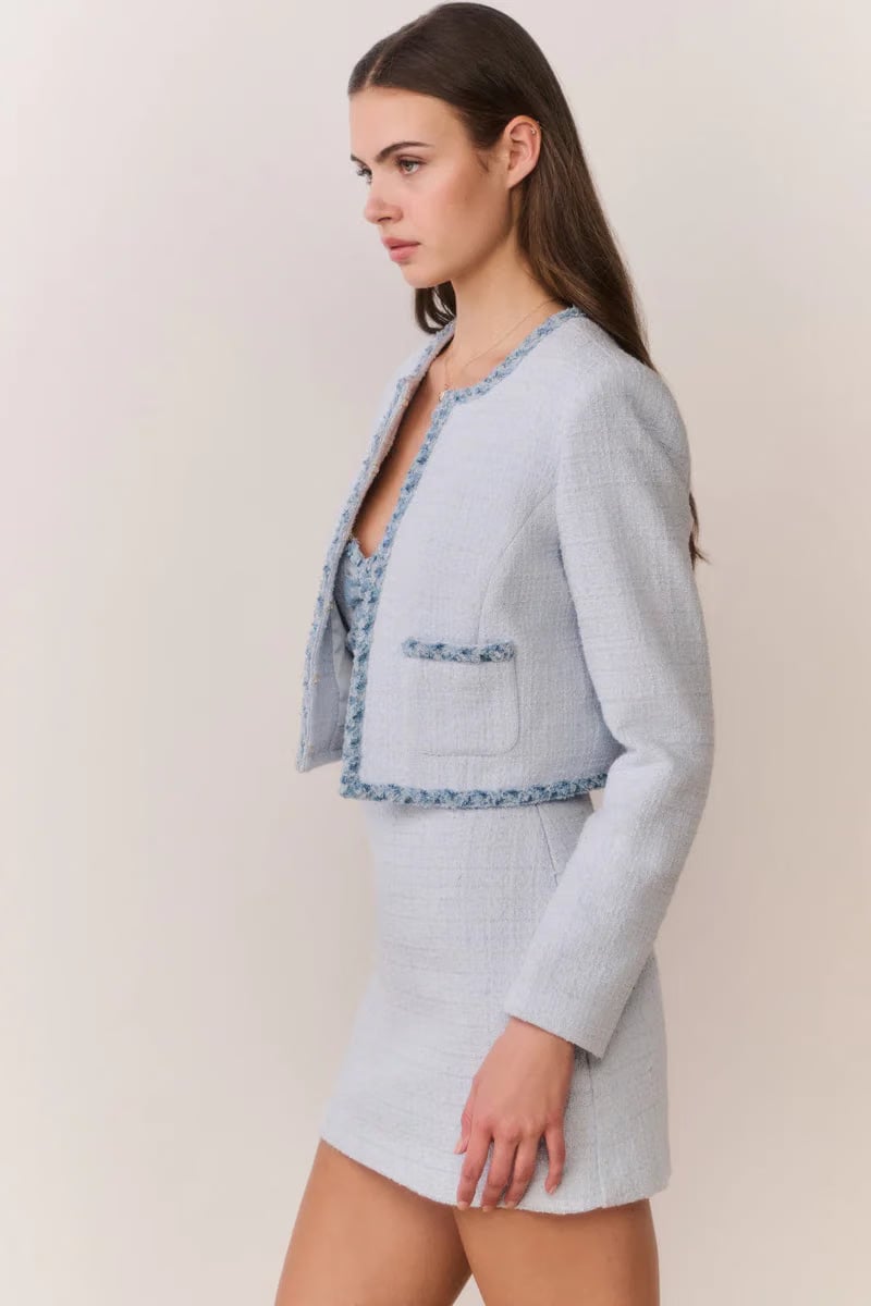 LoveShackFancy Azula Denim Trimmed Tweed Jacket in Blue