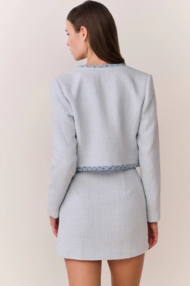 LoveShackFancy Azula Denim Trimmed Tweed Jacket in Blue