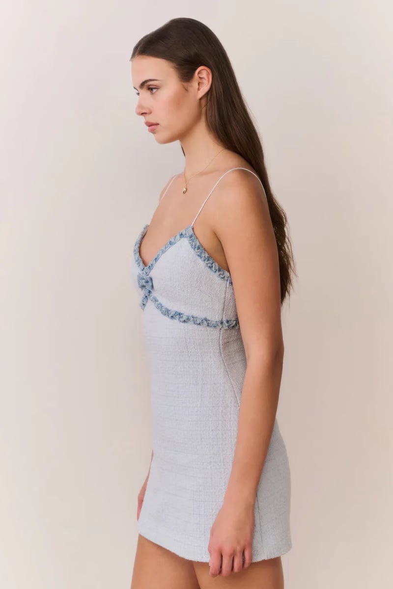 LoveShackFancy Novara Denim Trimmed Tweed Sleeveless Mini Dress in Blue