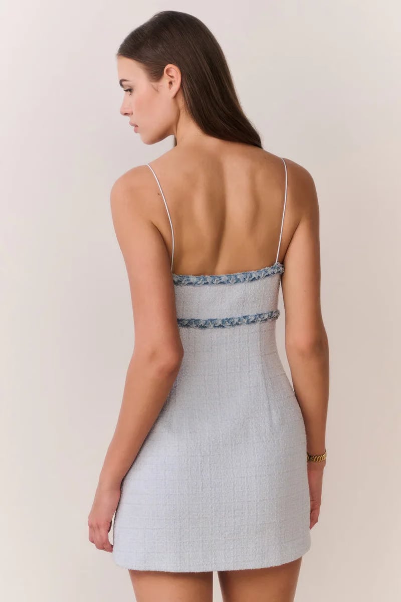 LoveShackFancy Novara Denim Trimmed Tweed Sleeveless Mini Dress in Blue