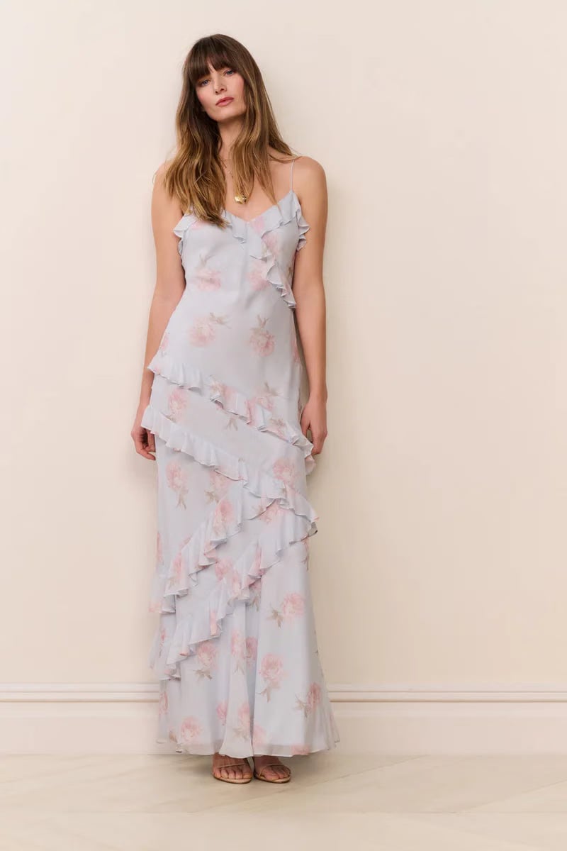 LoveShackFancy Rialto Floral Chiffon Sleeveless Maxi Dress in Blue