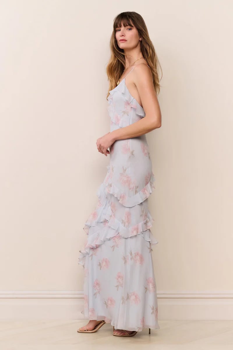 LoveShackFancy Rialto Floral Chiffon Sleeveless Maxi Dress in Blue