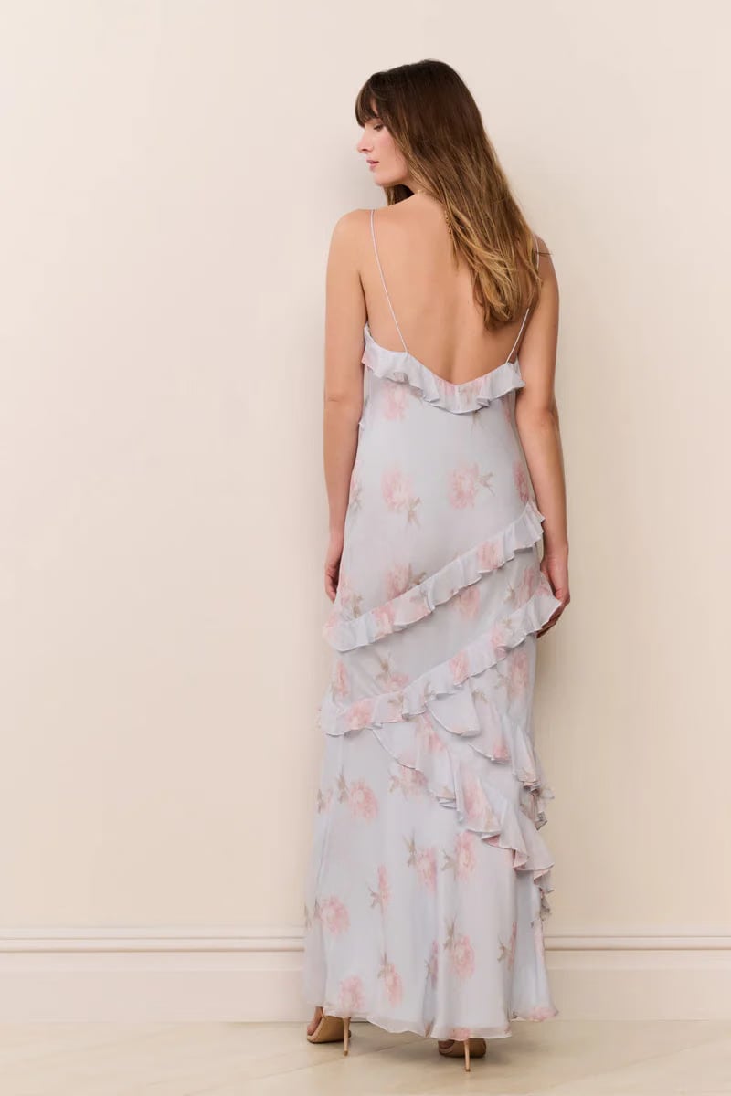 LoveShackFancy Rialto Floral Chiffon Sleeveless Maxi Dress in Blue