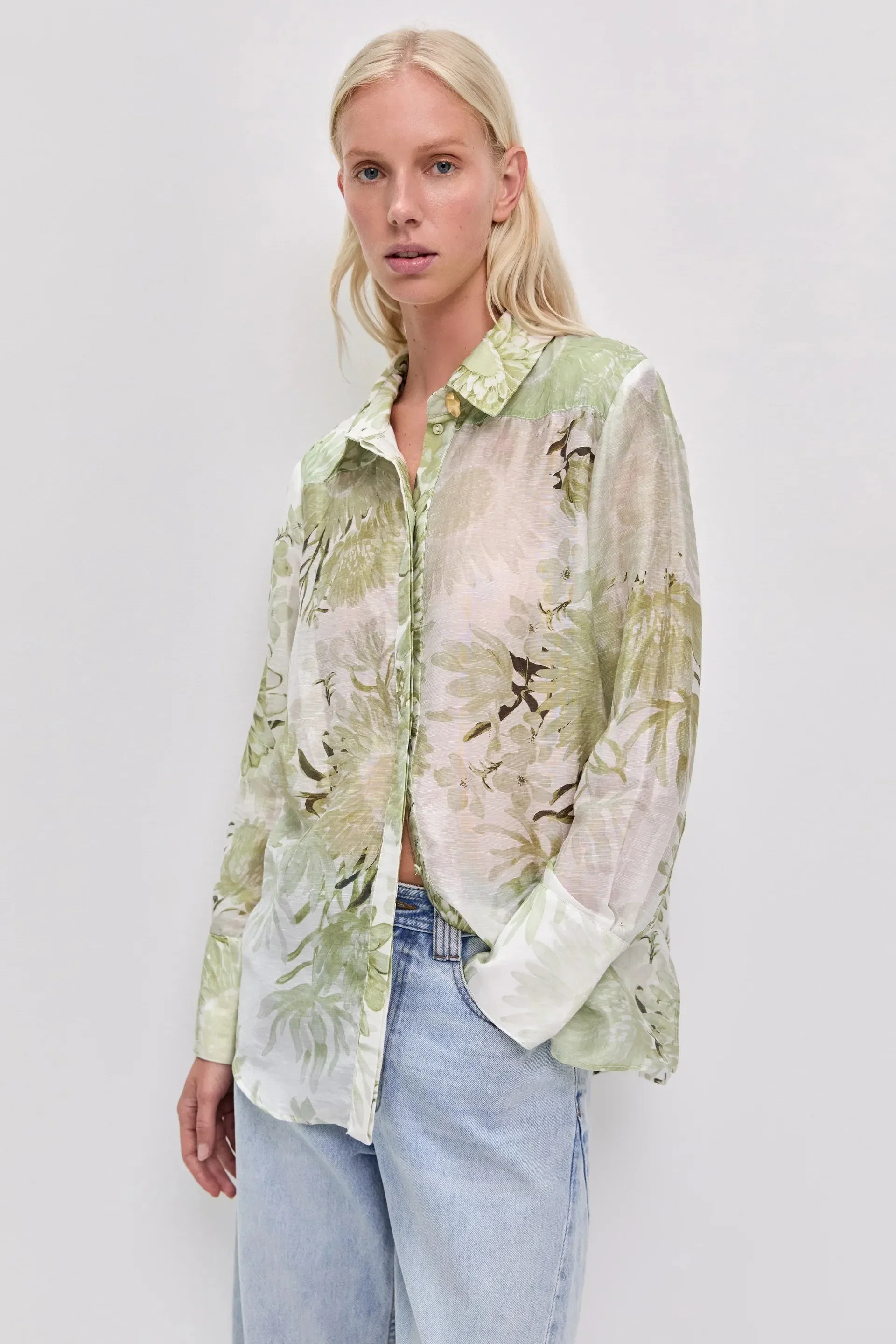 Aje Reflector Floral Long Sleeves Linen Shirt in White
