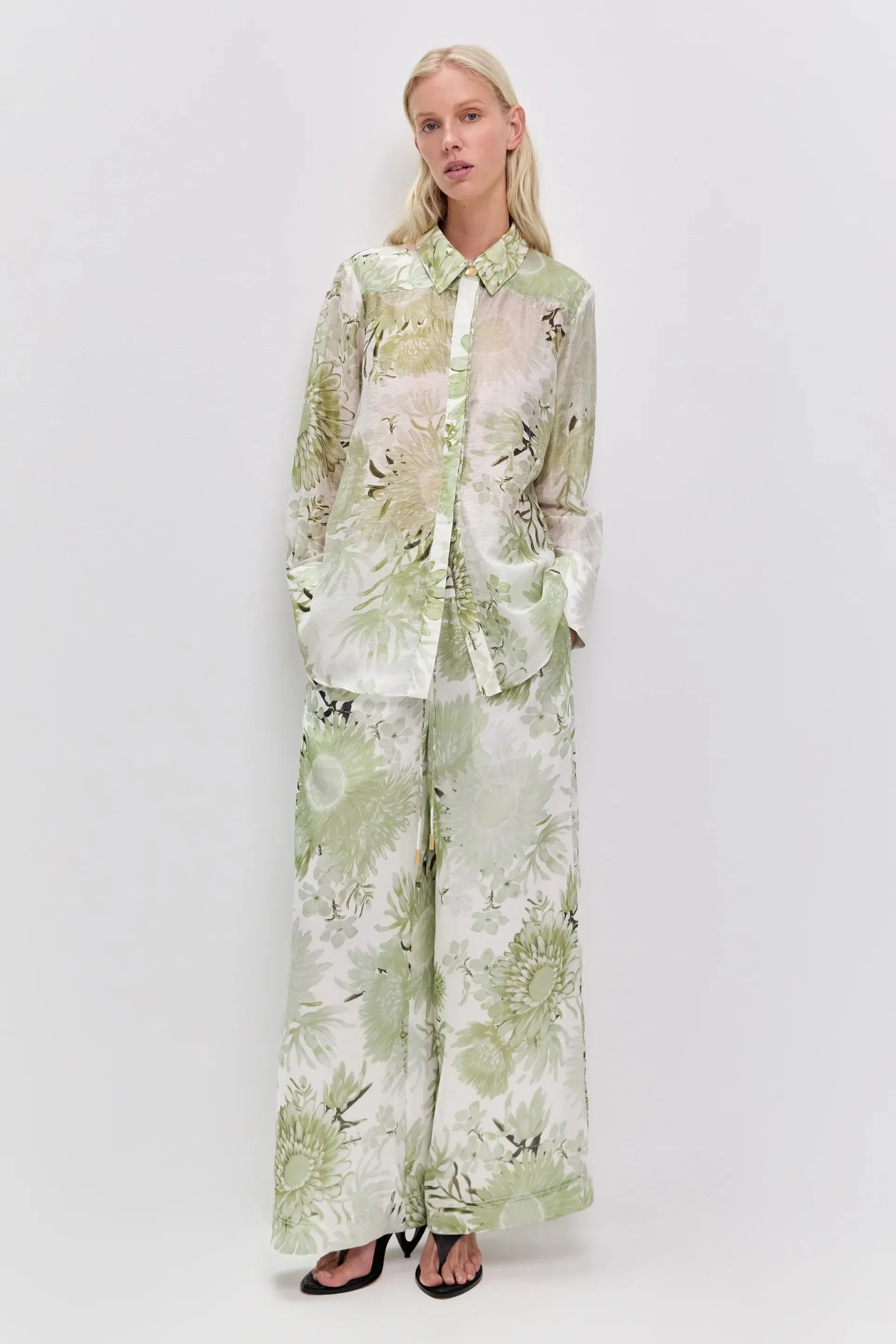 Aje Reflector Floral Long Sleeves Linen Shirt in White