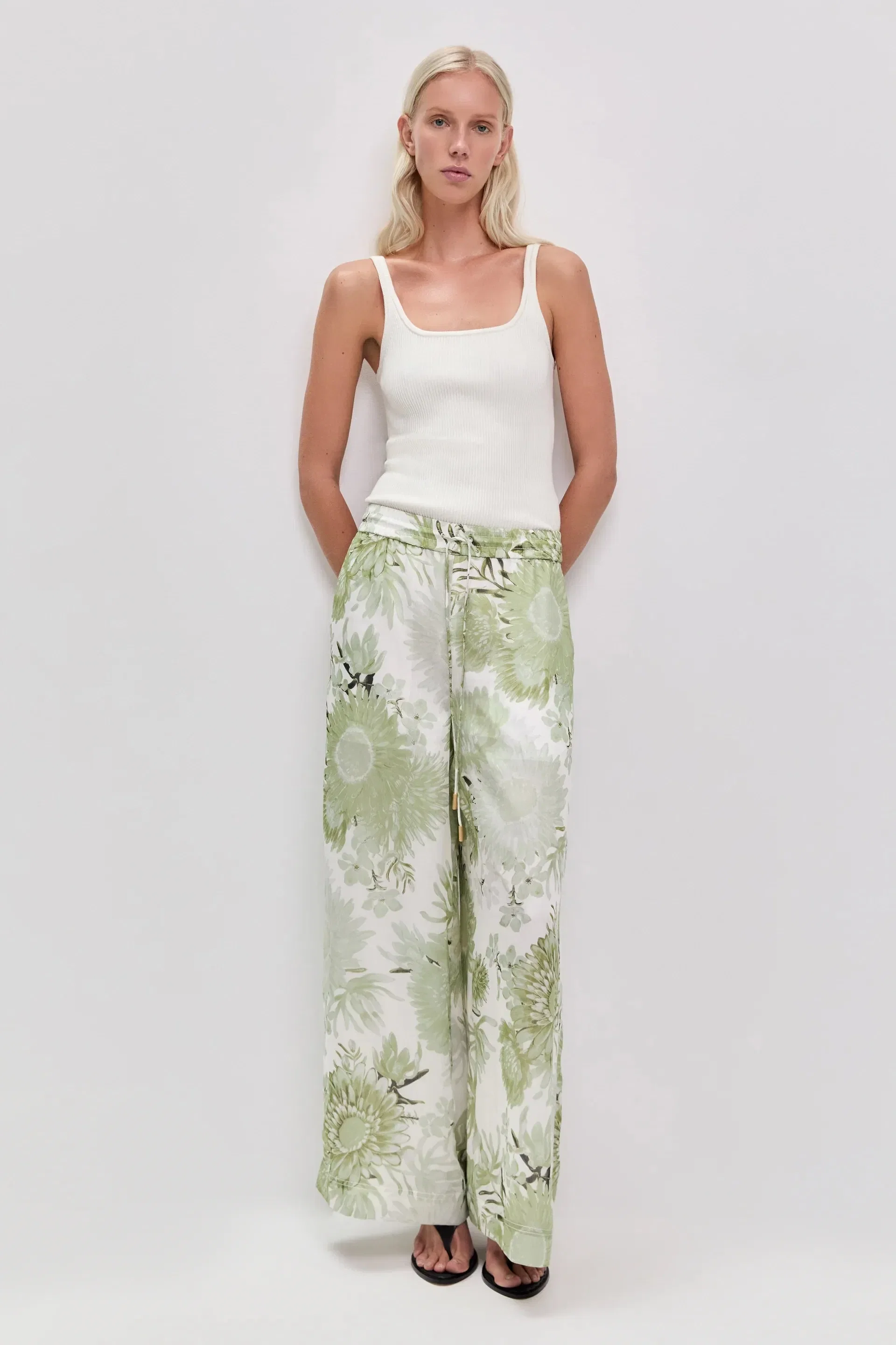 Aje Adina Floral Linen Wide Legged Pants in White