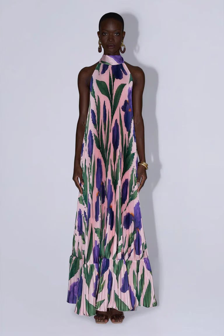 L'IDÉE Ares Sleeveless Pleated Evening Dress in Pink