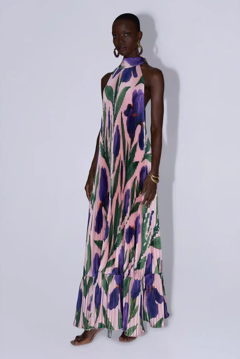 L'IDÉE Ares Sleeveless Pleated Evening Dress in Pink