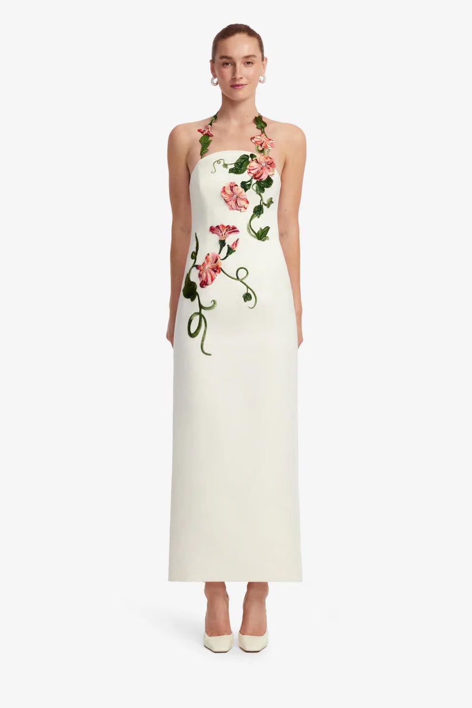 Leo Lin Ava Floral Applique Halter Neck Bustier Maxi Dress in White