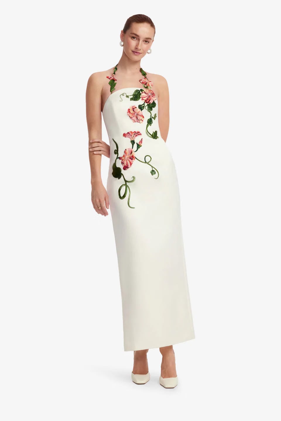 Leo Lin Ava Floral Applique Halter Neck Bustier Maxi Dress in White