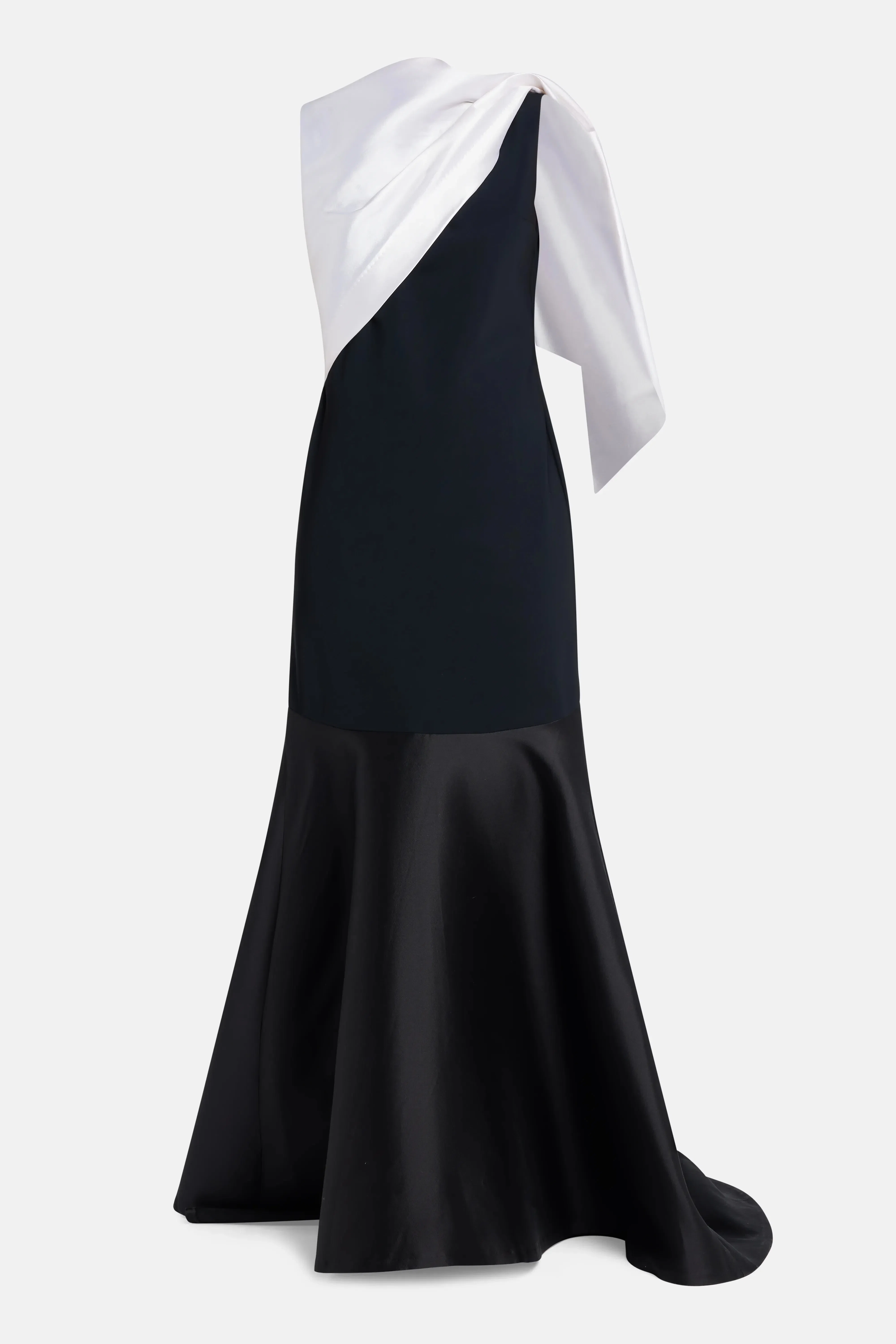 Greta Constantine Draped Neckline Sleeveless Evening Gown in Black and White with Contrast Flounce