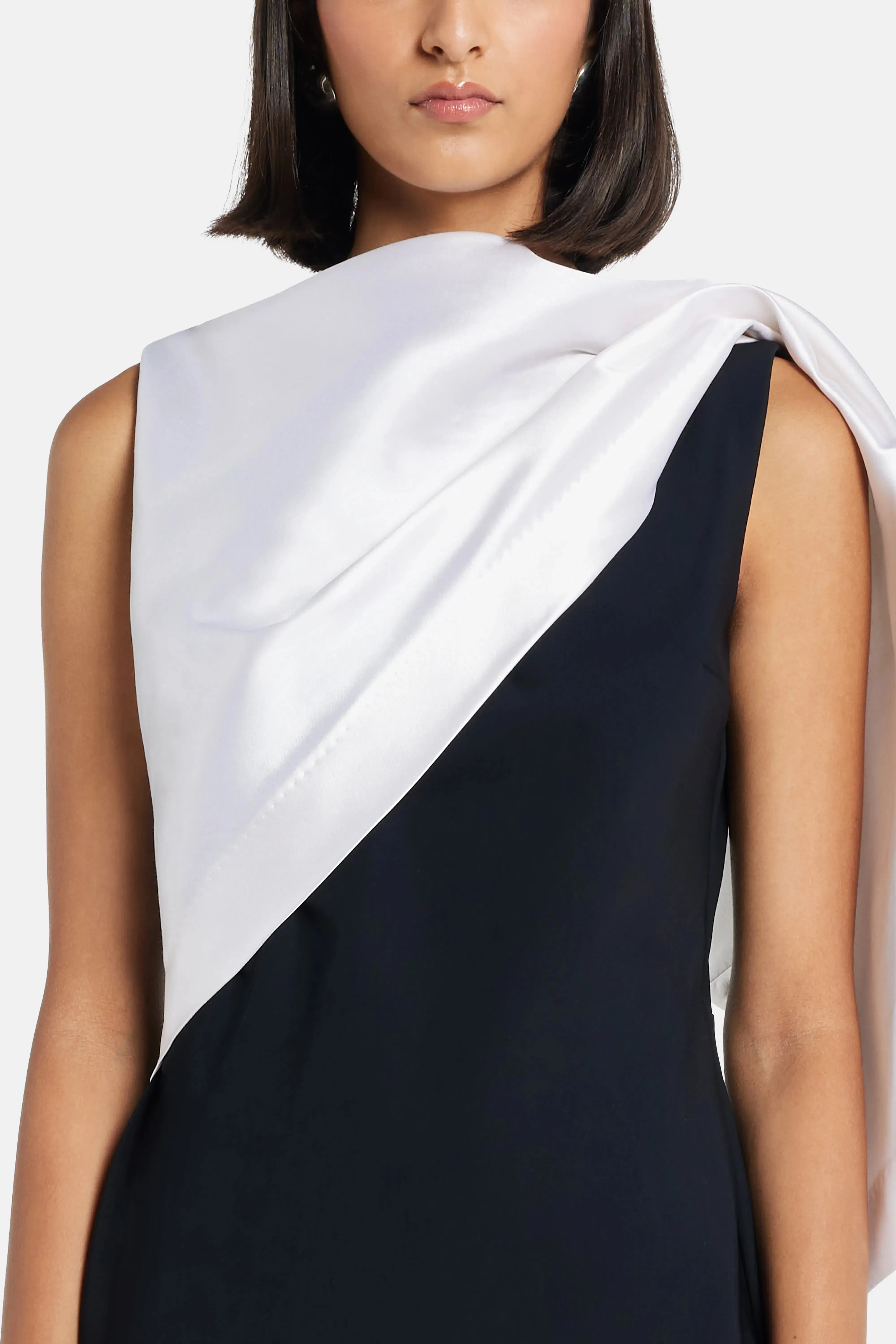 Greta Constantine Draped Neckline Sleeveless Evening Gown in Black and White with Contrast Flounce