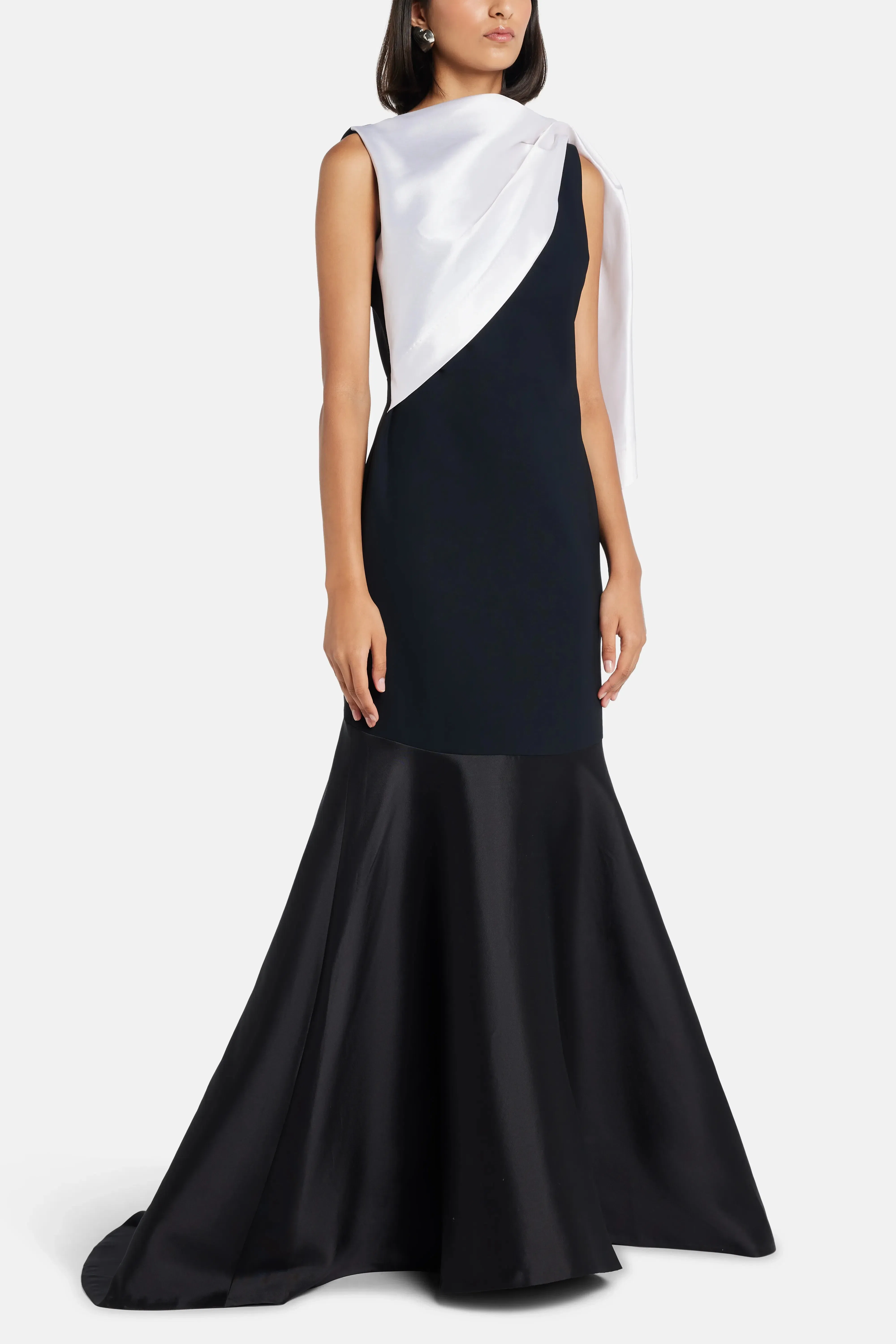 Greta Constantine Draped Neckline Sleeveless Evening Gown in Black and White with Contrast Flounce