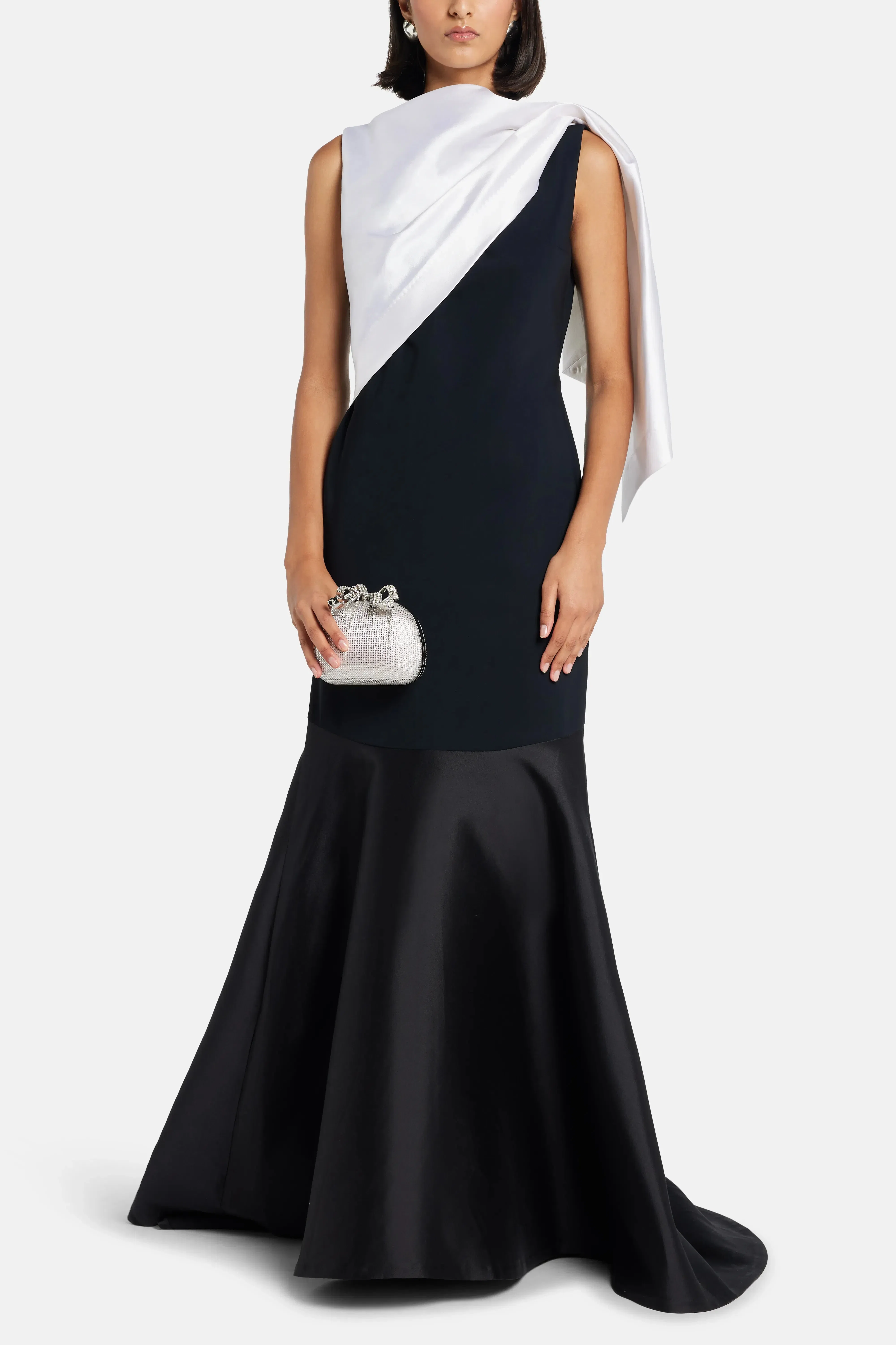 Greta Constantine Draped Neckline Sleeveless Evening Gown in Black and White with Contrast Flounce