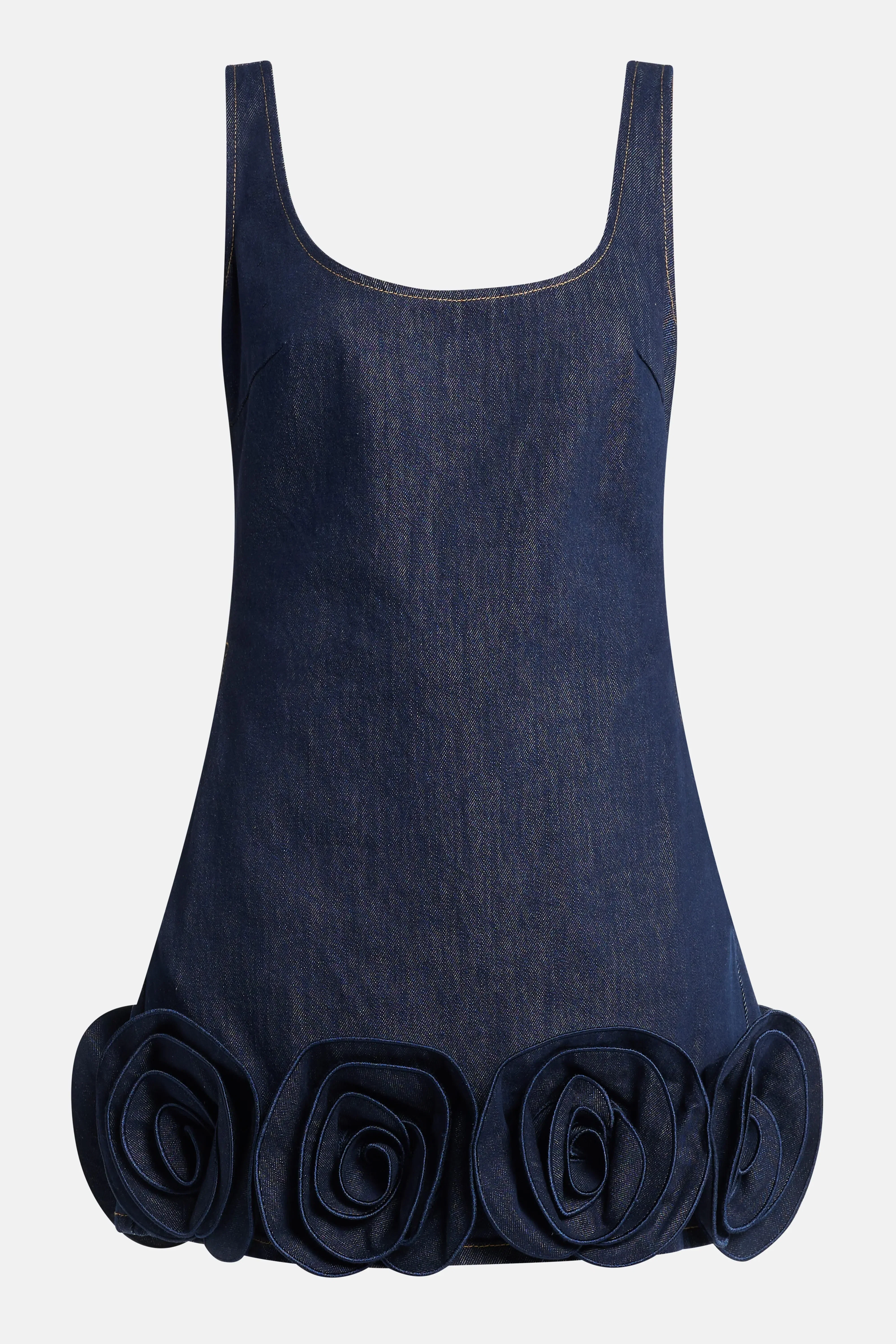 Self-Portrait Indigo Denim Sleeveless 3D Flower Cotton MIni Dress in Blue