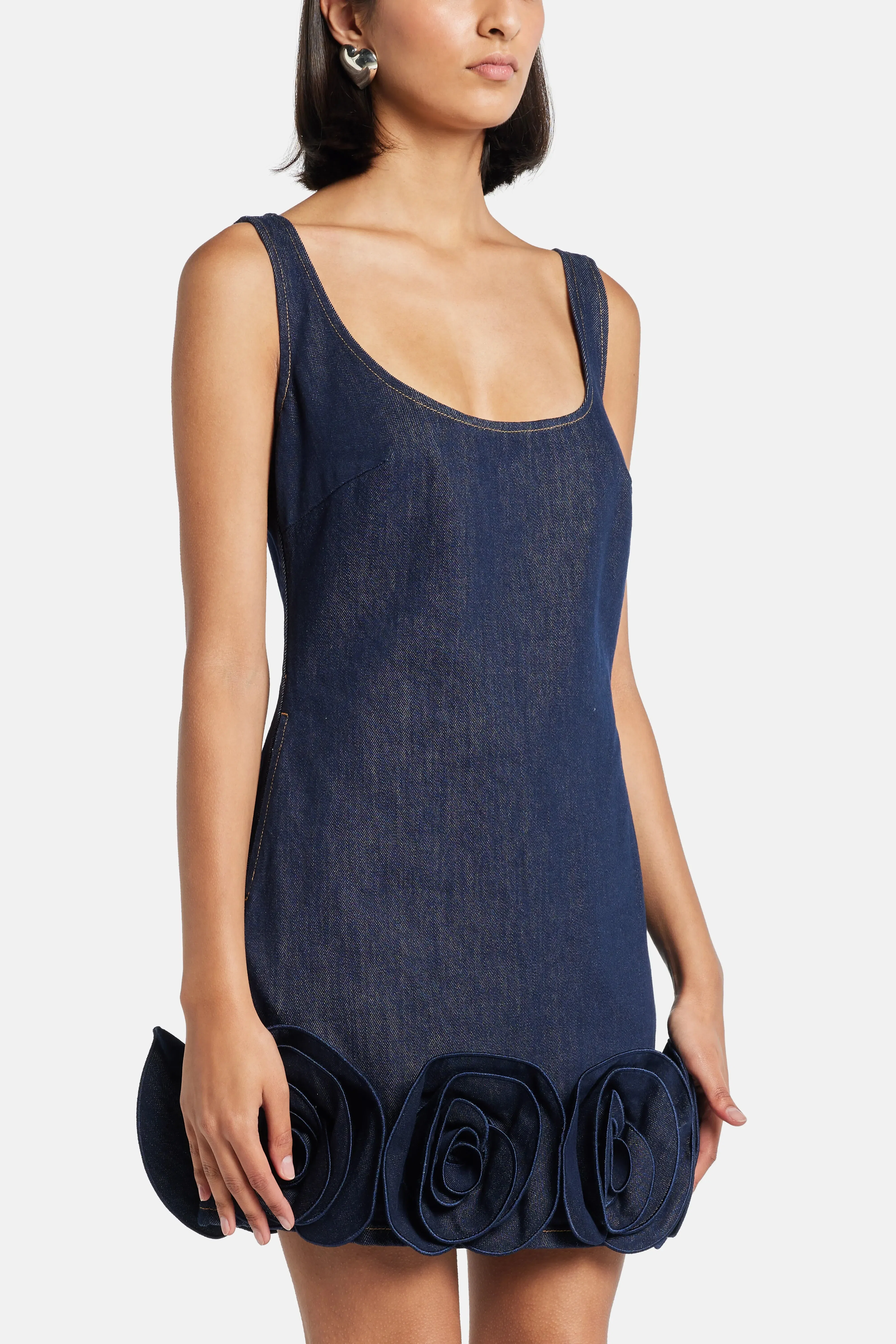 Self-Portrait Indigo Denim Sleeveless 3D Flower Cotton MIni Dress in Blue