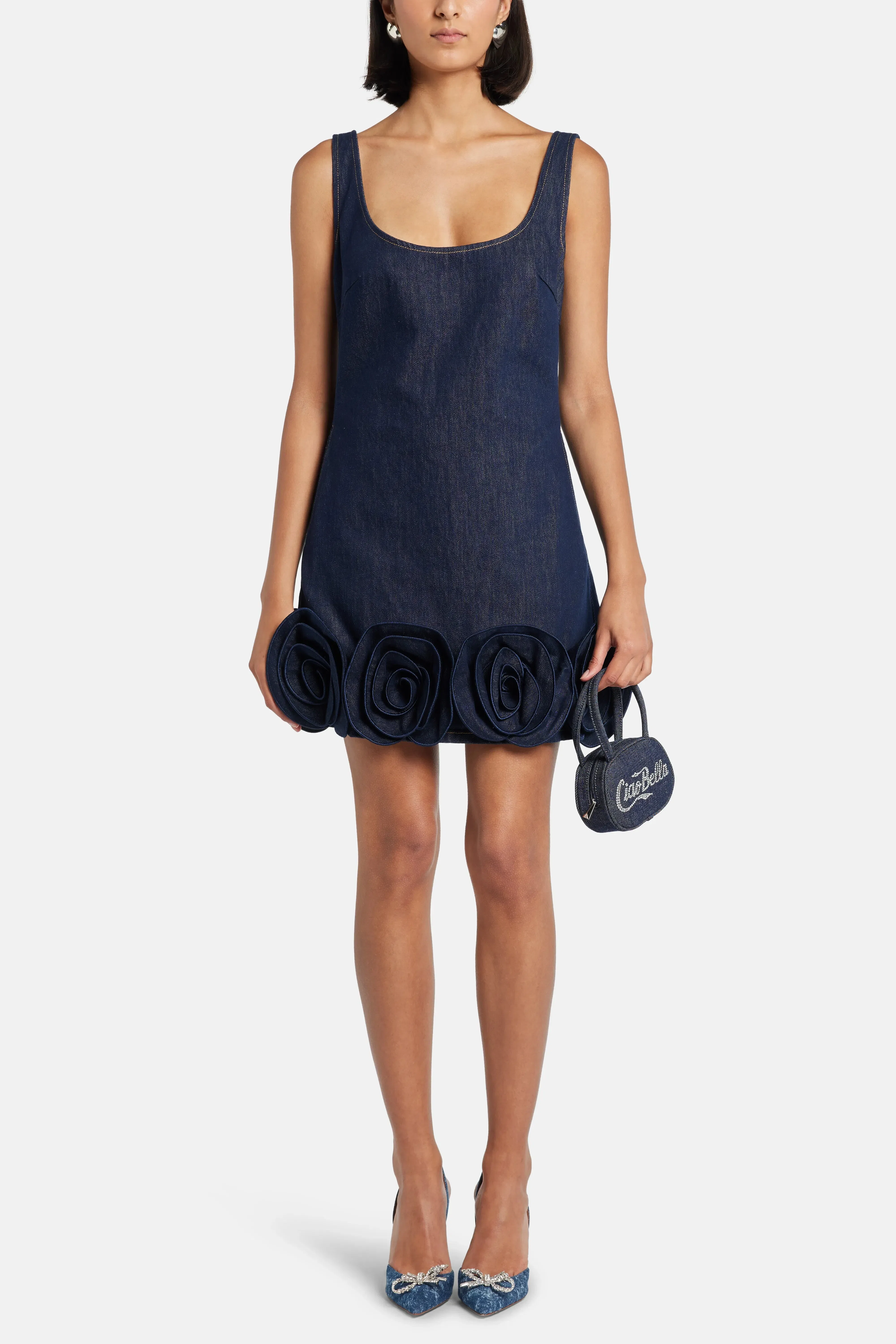Self-Portrait Indigo Denim Sleeveless 3D Flower Cotton MIni Dress in Blue
