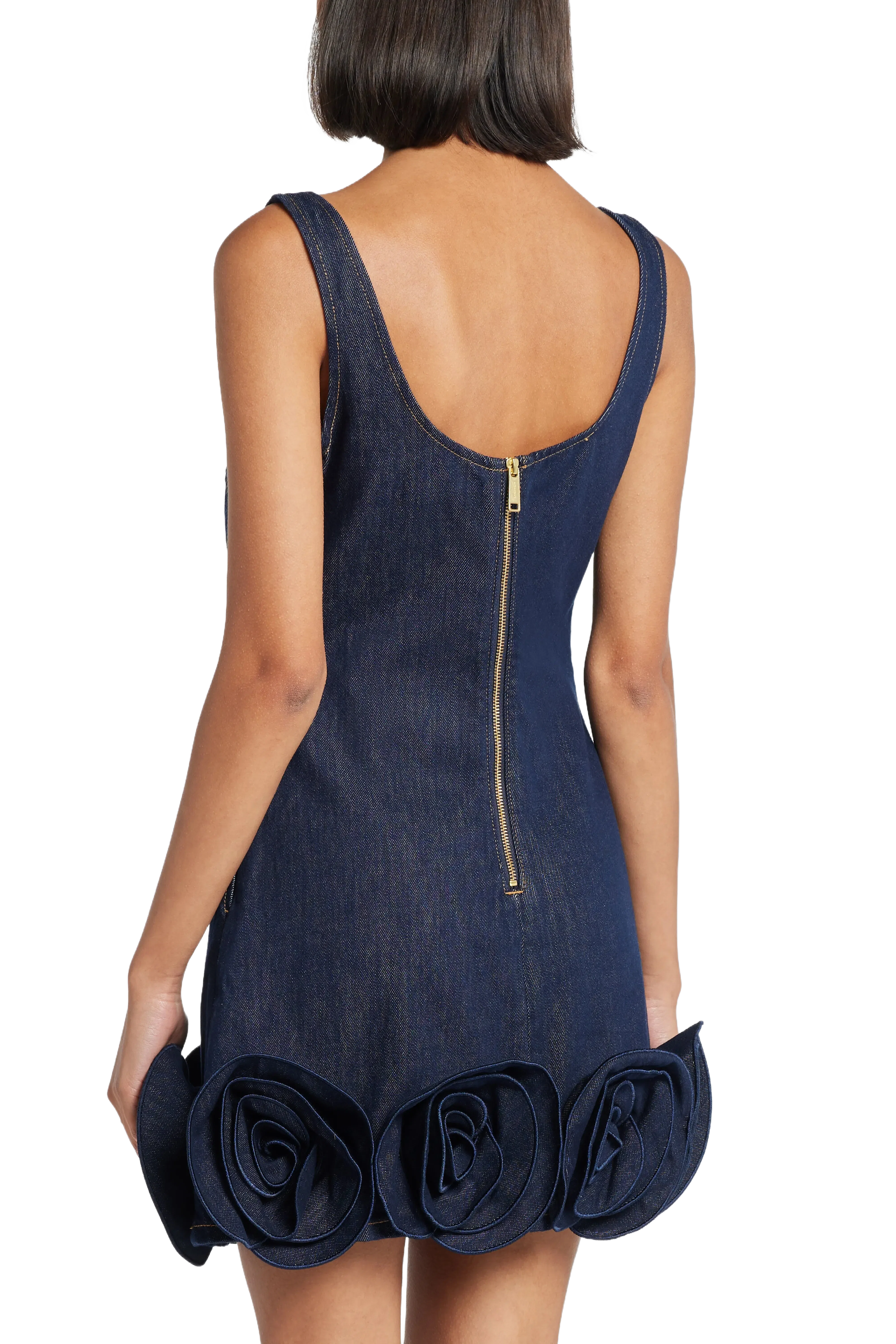 Self-Portrait Indigo Denim Sleeveless 3D Flower Cotton MIni Dress in Blue