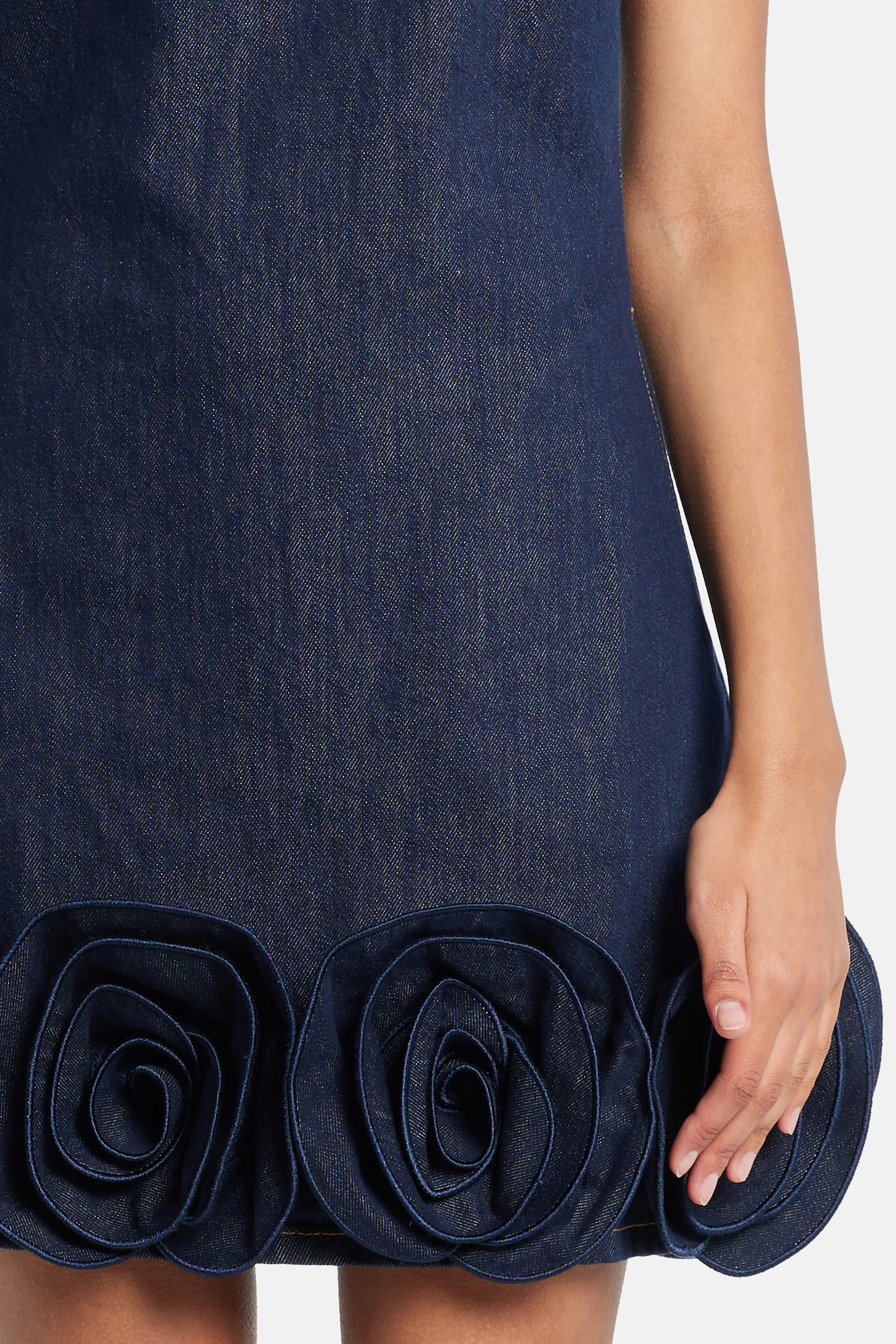Self-Portrait Indigo Denim Sleeveless 3D Flower Cotton MIni Dress in Blue